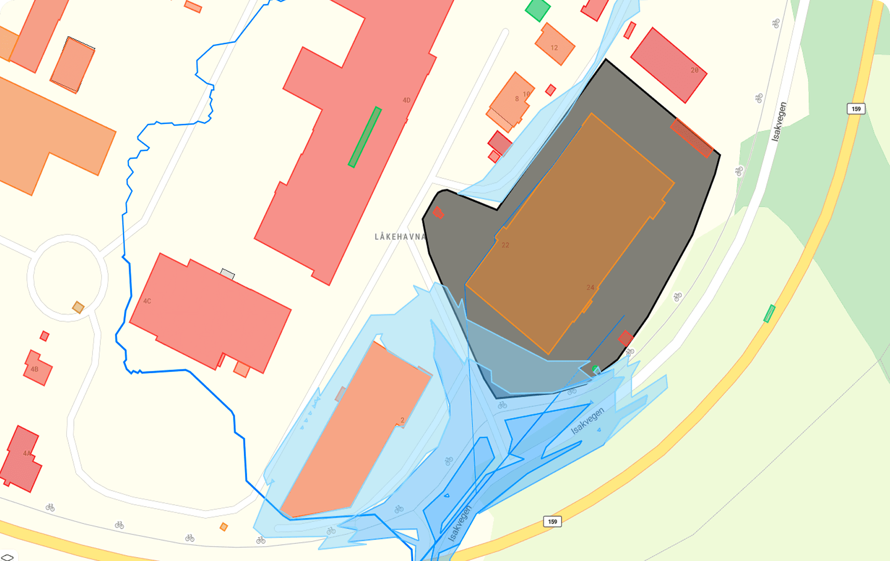 Map view of pluvial flood paths across a property