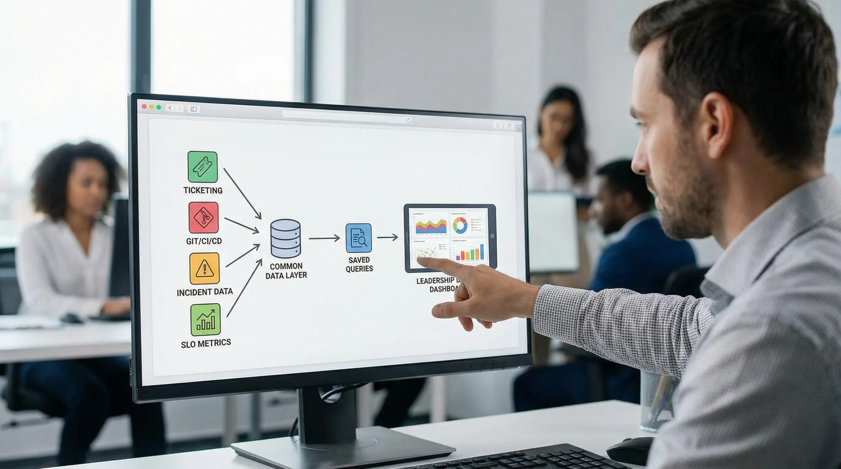 Egyszerű adatáramlás vezetői riporthoz: ticketing és Git/CI/CD események, incidens- és SLO adatok egy közös rétegbe kerülnek, erre épülnek a mentett lekérdezések és a vezetői dashboard.