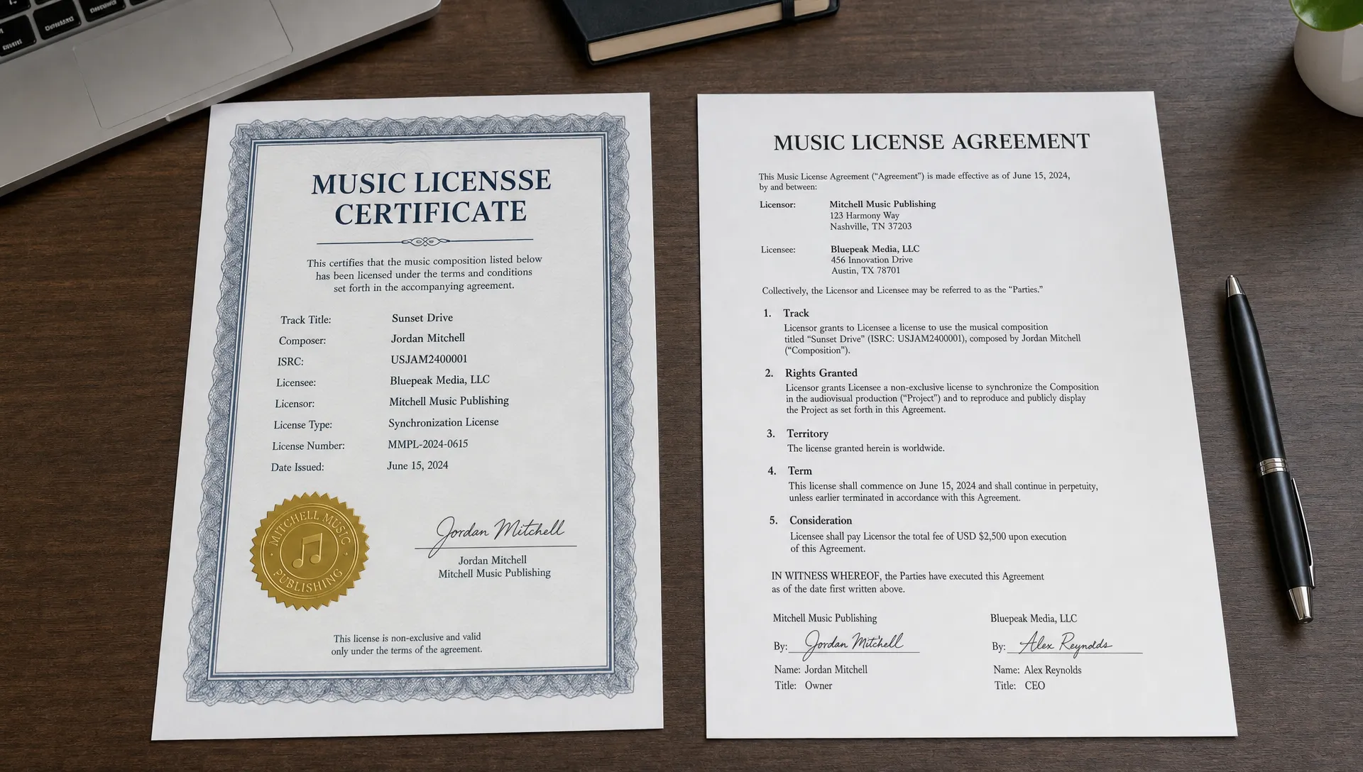 A music license certificate sits beside a signed agreement page, with the track name, parties, rights, territory, and term visible on the document.