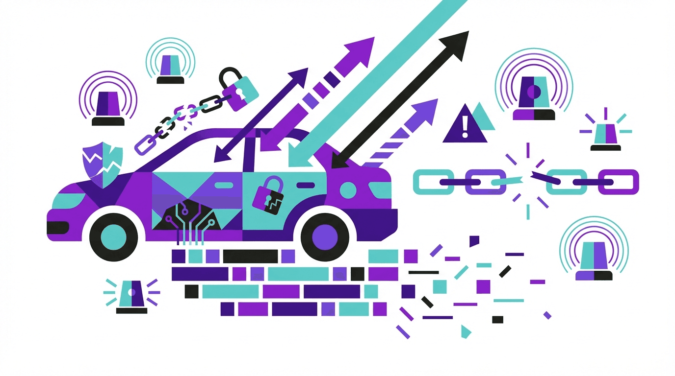 Graphic of a stylized car with purple and blue accents, surrounded by digital icons and arrows representing technology.