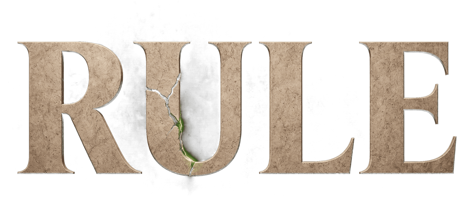 RULE — the title carved in Jerusalem limestone, a green fracture splitting the U