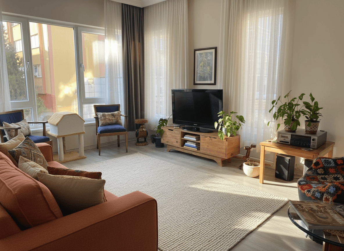 AI room design direction 1, modern bohemian living room with brass accents and plants