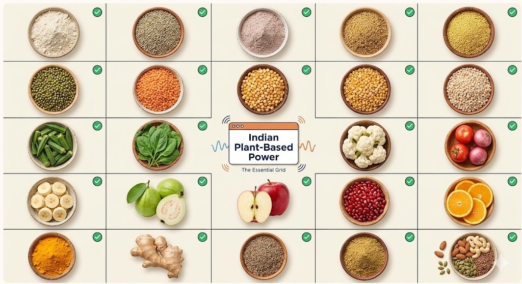 A 5x5 grid displaying 24 different Indian plant-based foods, including bowls of assorted millets and lentils, fresh okra, spinach, cauliflower, fruits (banana, guava, apple, pomegranate, orange), and spices and nuts (turmeric, ginger, cumin, cashews). Each item is marked with a green checkmark. A central title reads: “Indian Plant-Based Power: The Essential Grid.”
