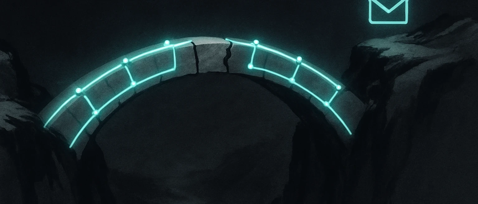 A sumi-e ink bridge spanning a dark chasm with one plank cracked in half and its glowing teal circuit line broken at the gap, illustrated in Japanese minimalist ink style with teal and blue on a black background, representing how a single broken stage in the B2B outbound funnel can stop cold outreach from ever reaching a booked meeting.
