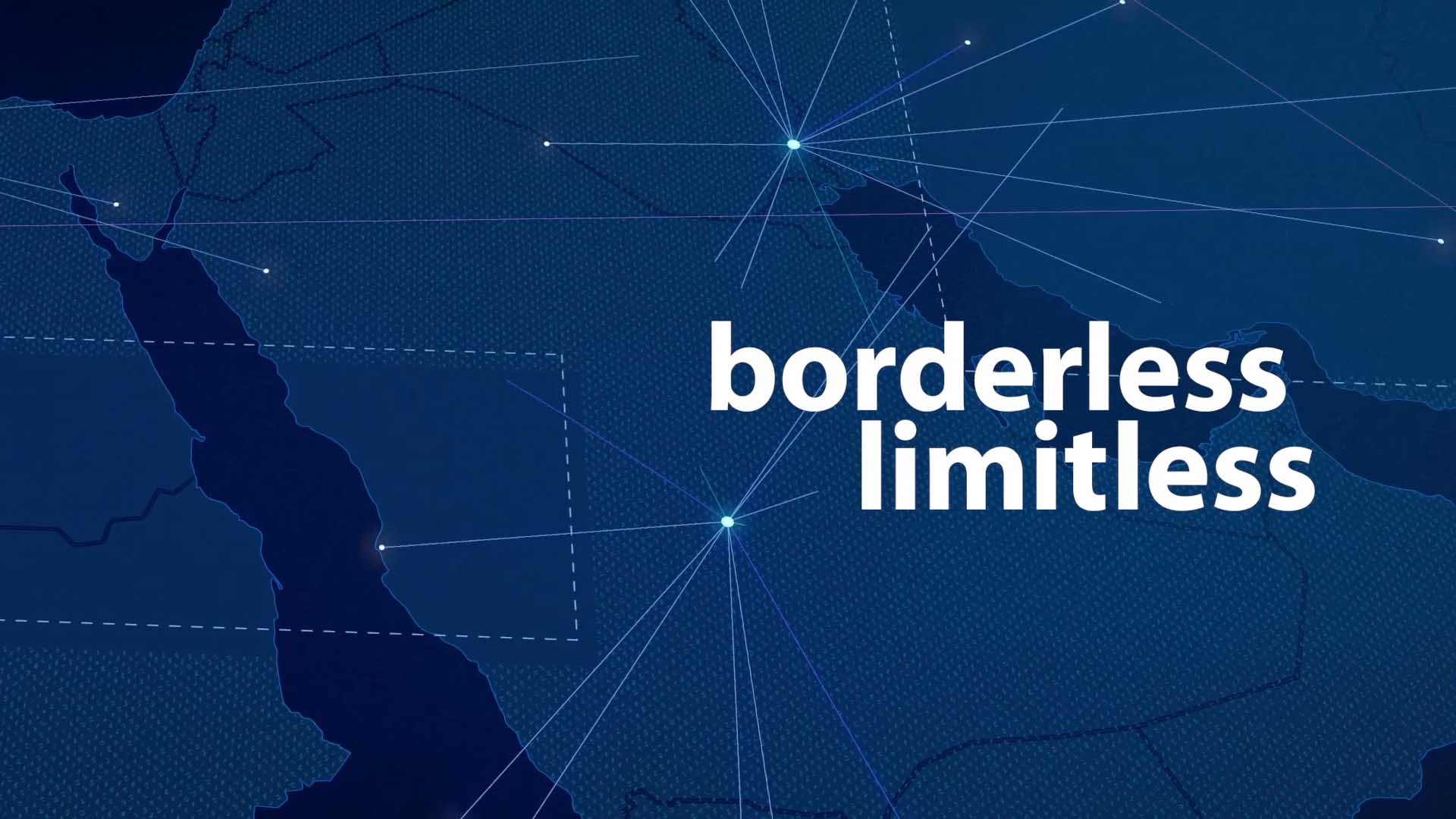 Global Cybersecurity Forum 2022 video screenshot with bold typography saying borderless limitless in white on tech map on the background