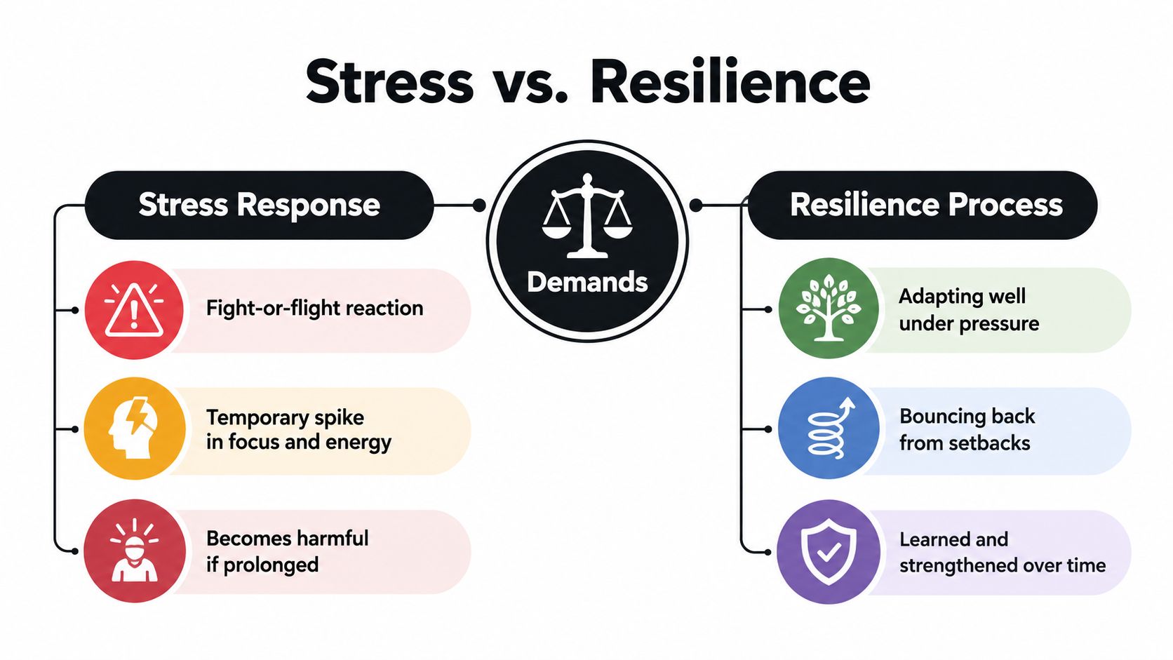 An infographic comparing the stress response and the resilience process with a scale representing demands in the center.