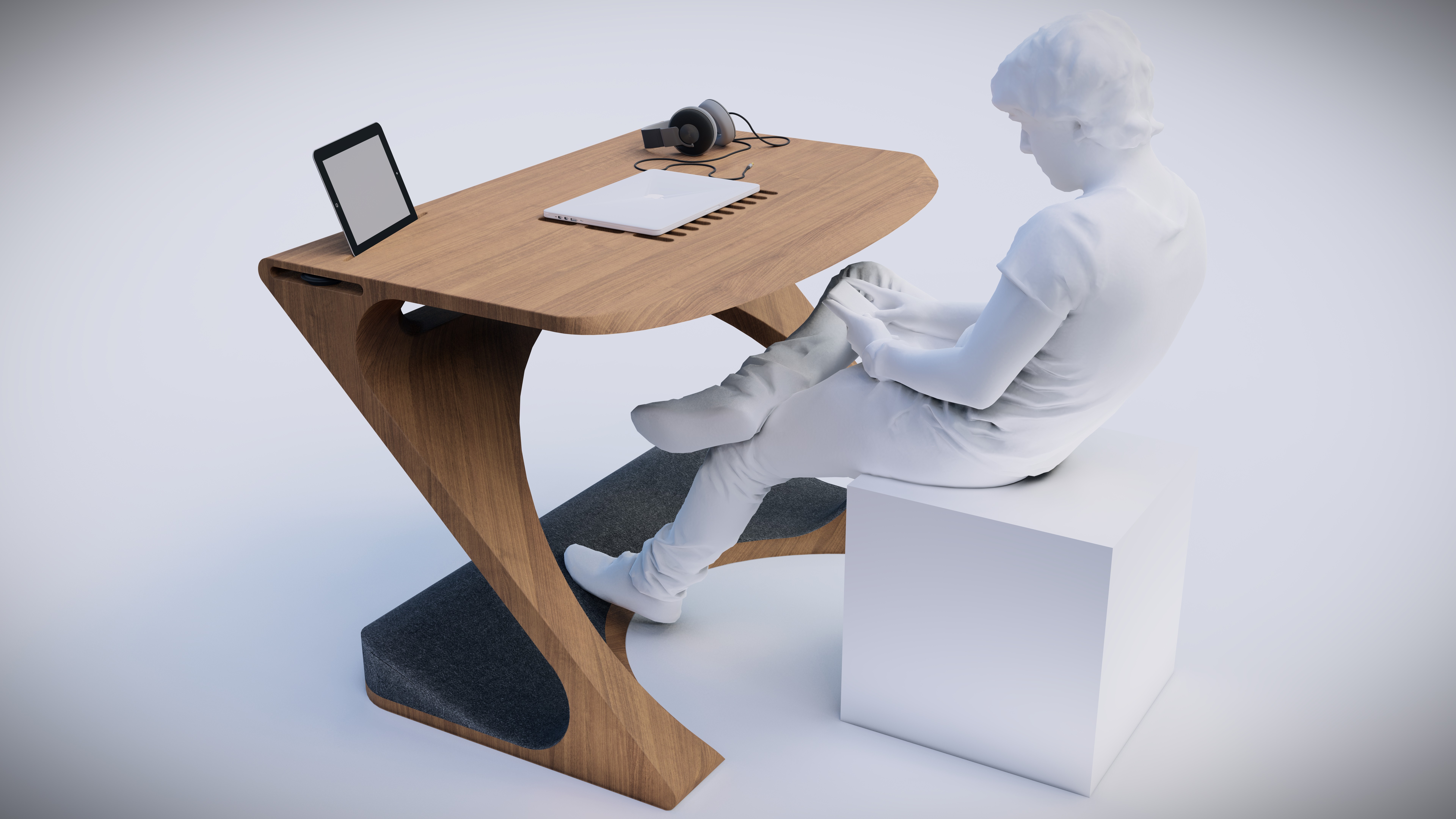 A minimalist wooden Z-shaped desk with a built-in vent detail, displayed with a seated white model figure using a laptop and headphones on the table, illustrating ergonomic and modern furniture design.