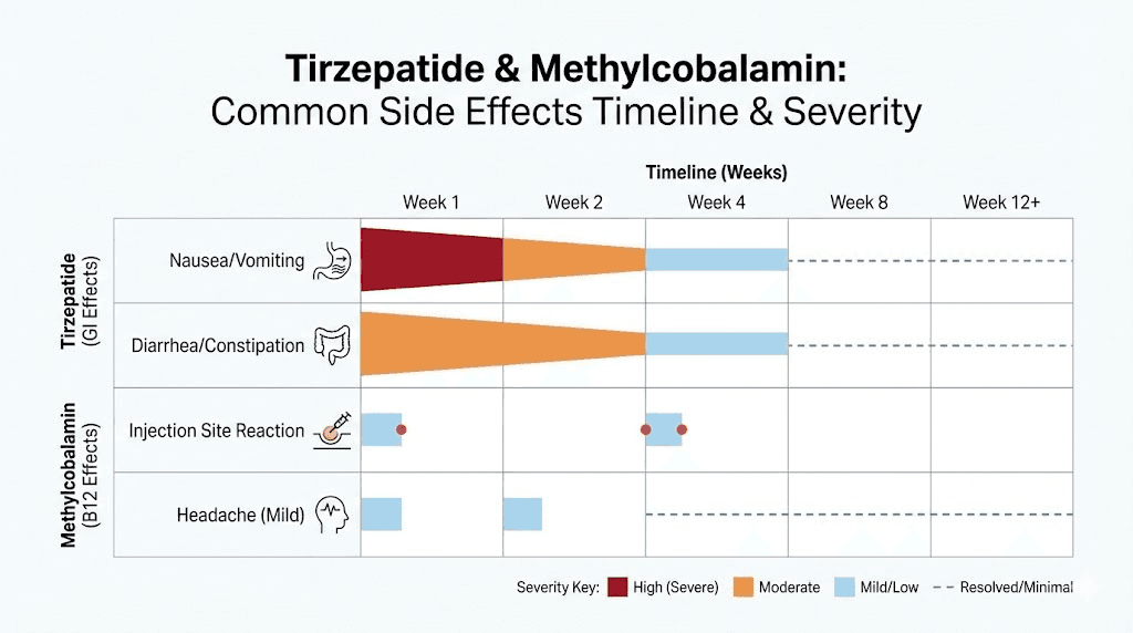 Tirzepatide methylcobalamin side effects timeline and severity chart
