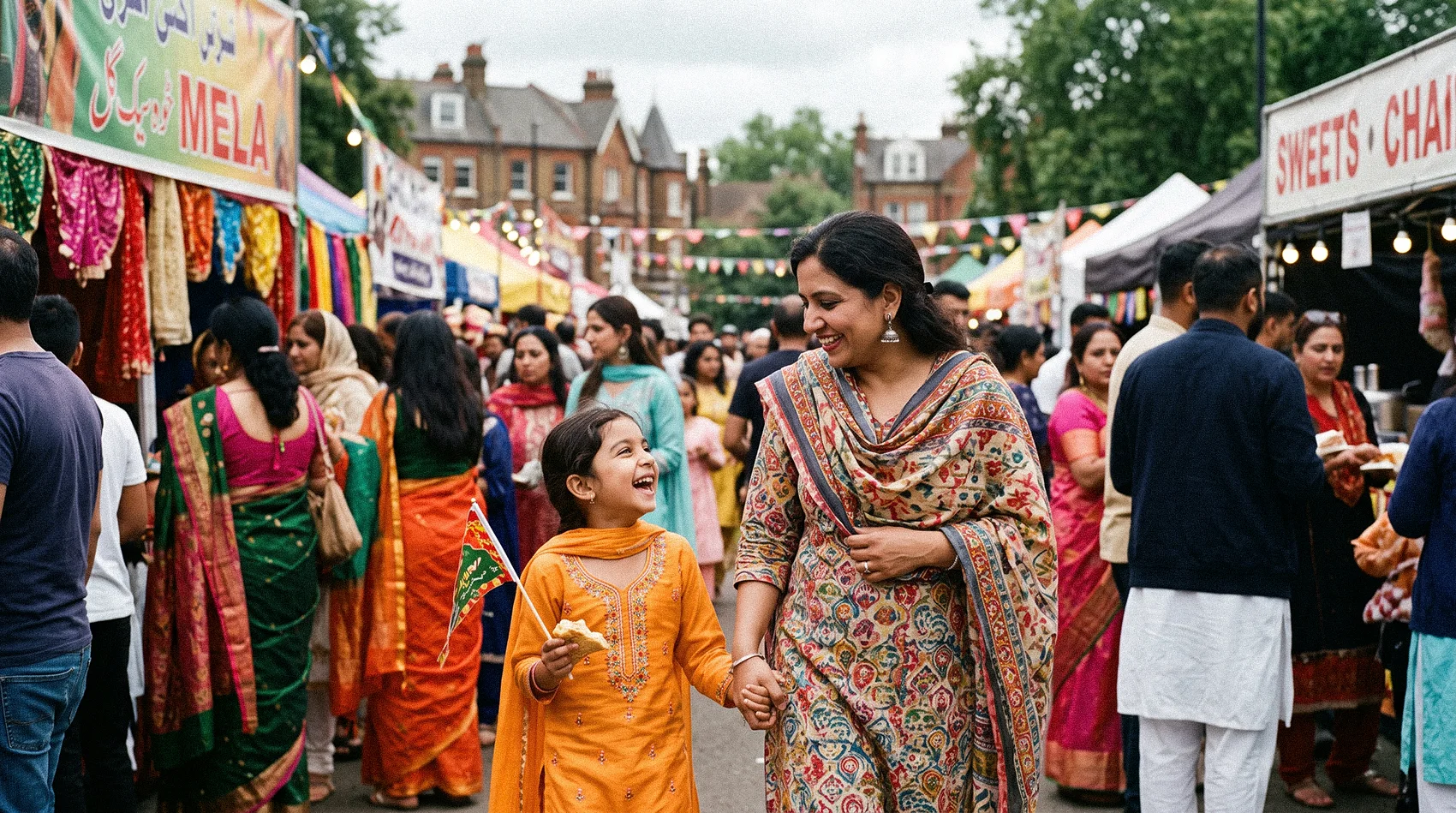 Mother and daughter smiling holding hands at Mela festival with colourful sari stalls sweets chai - multicultural communities