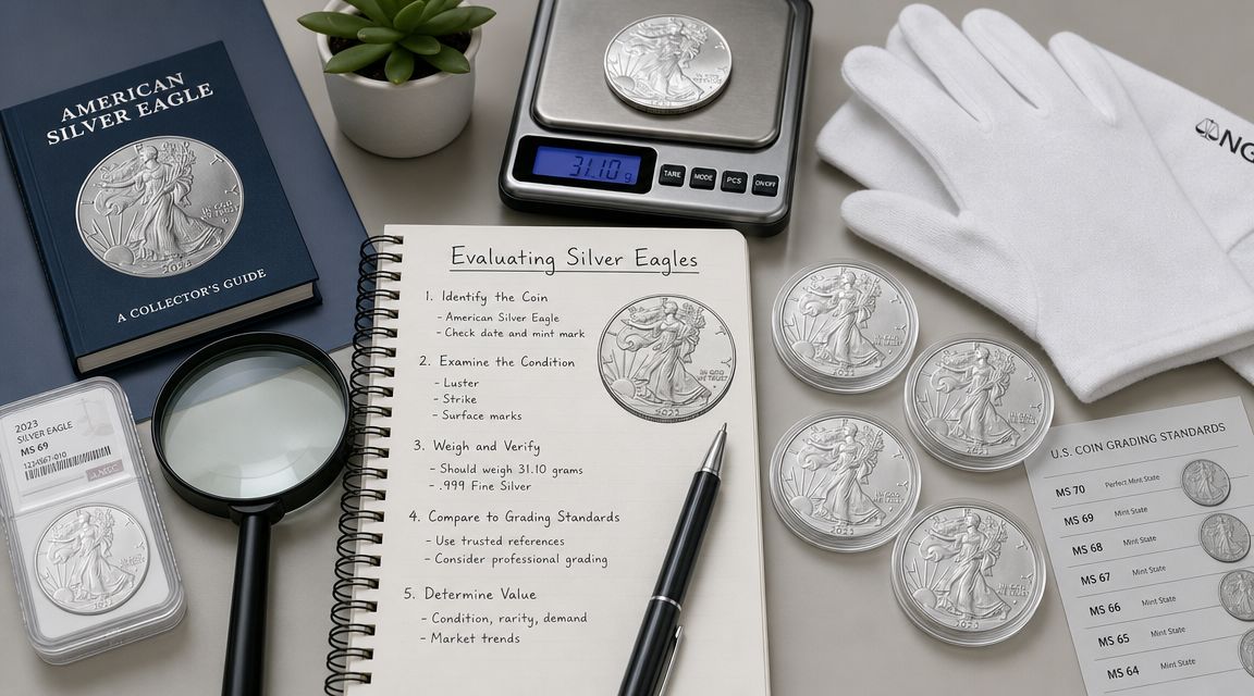 A professional desk setup featuring American Silver Eagle coins, a collector's guide, scales, gloves, and evaluation notes.