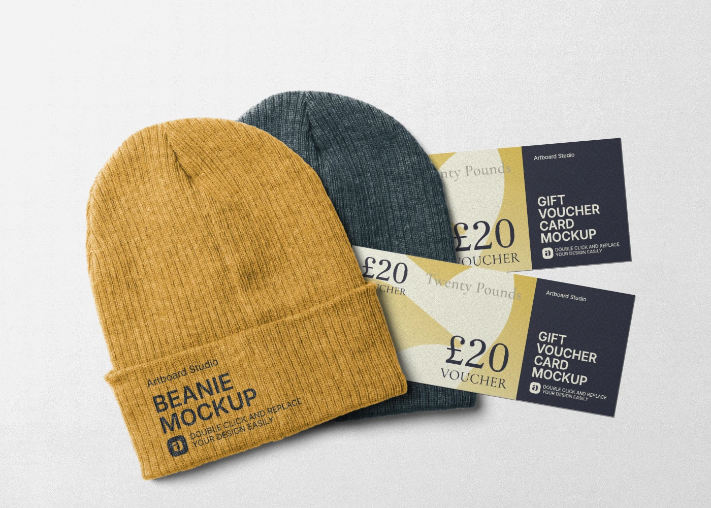 Top view beanie mockups with tickets