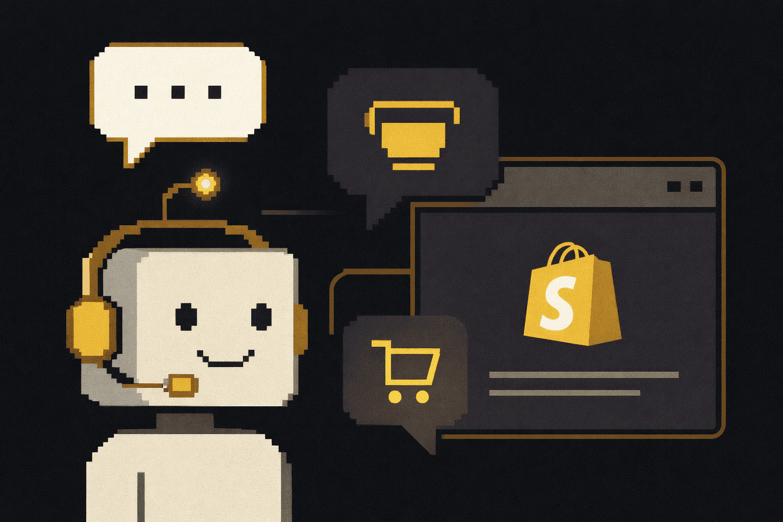 Illustration of an AI agent interacting with a Shopify storefront through chat and shopping actions, representing agent-driven product discovery and automated commerce workflows.
