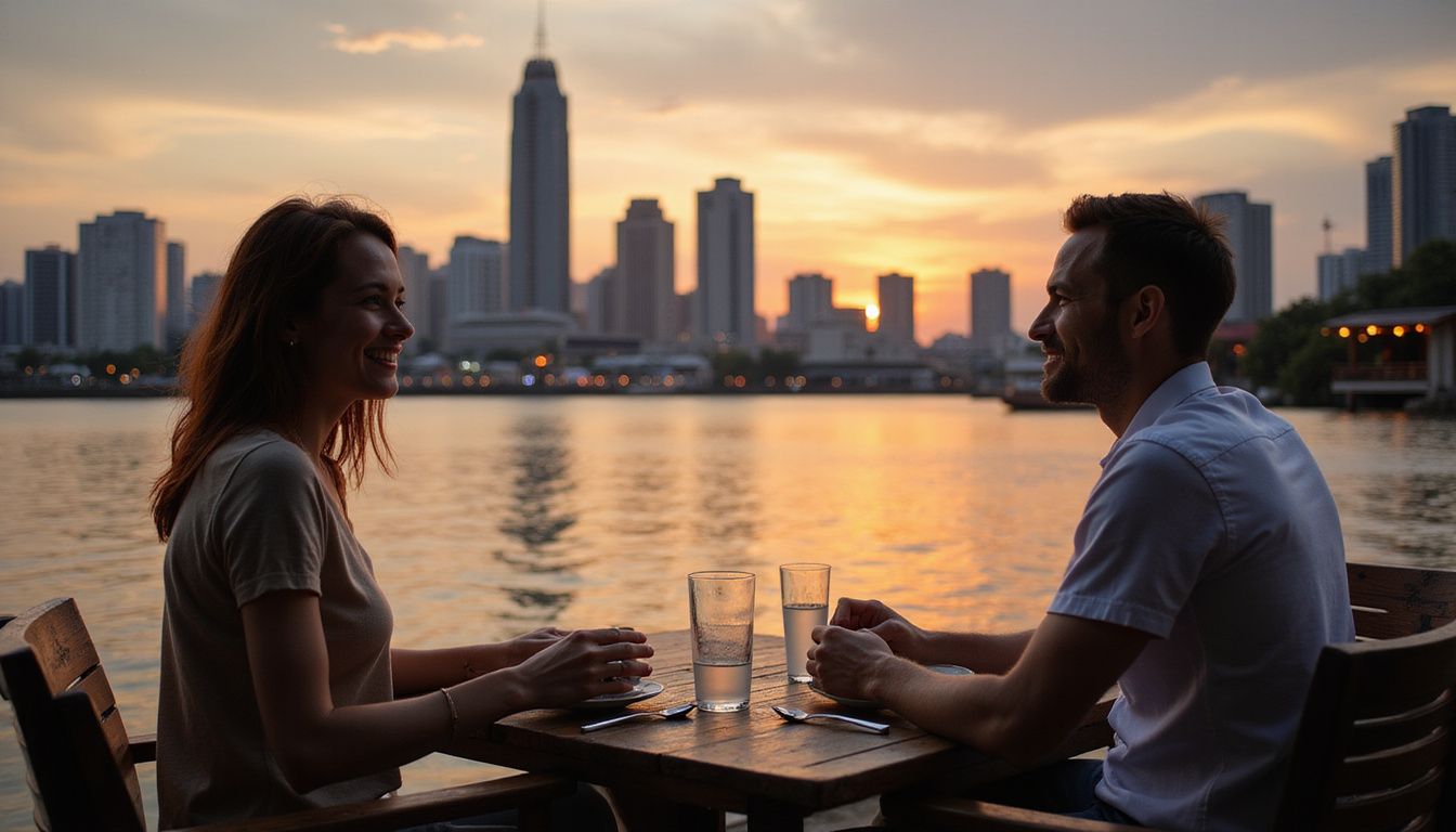 A couple enjoys dinner at a riverside restaurant in Bangkok.
