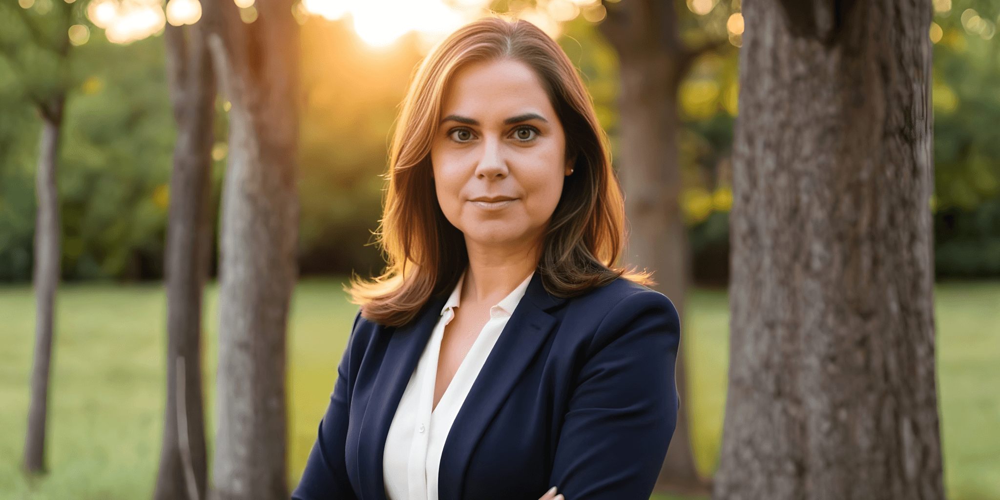Professional woman in blazer standing outdoors among trees at sunset, looking confidently at camera.