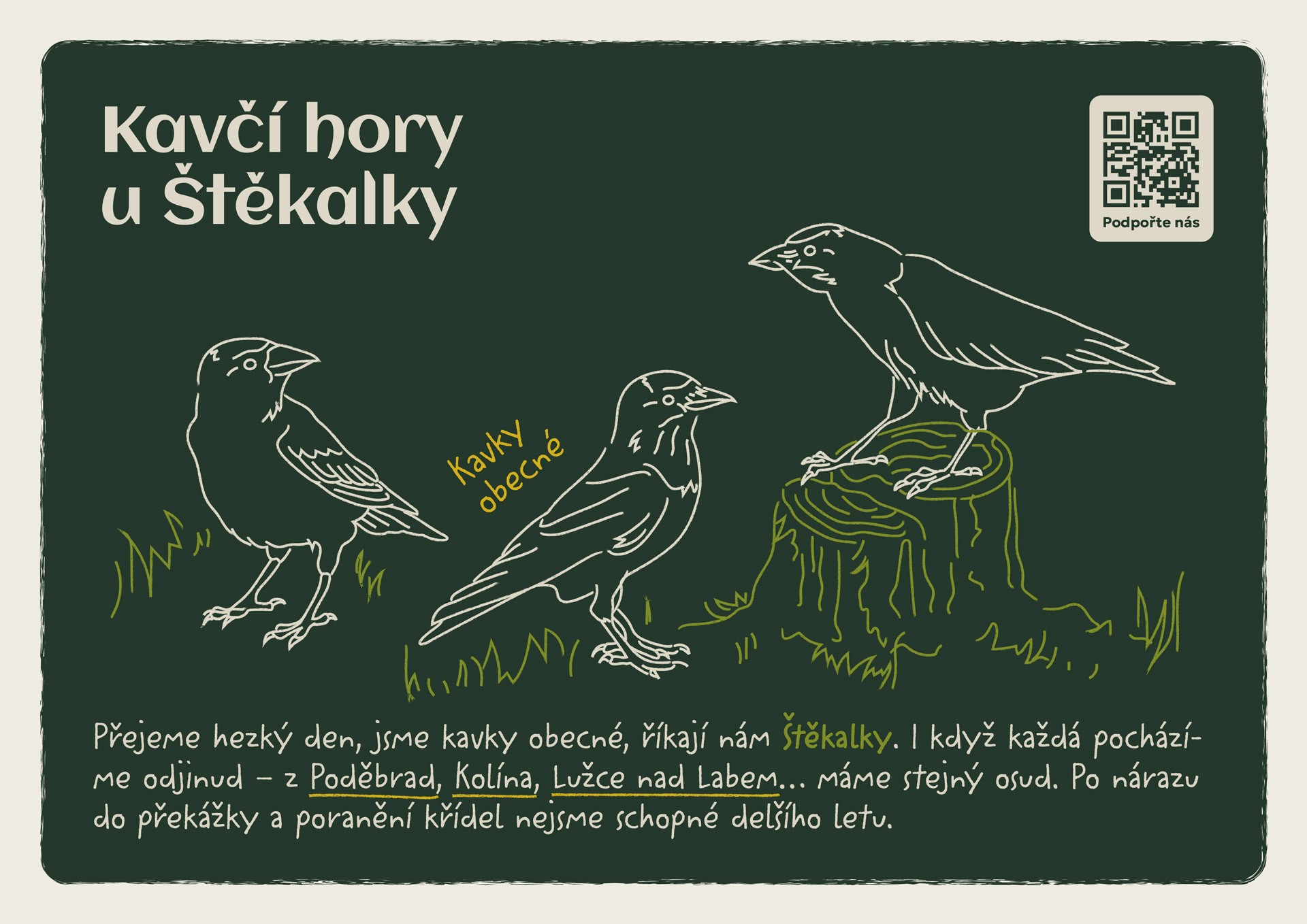 Huslík exhibit information board for the Eurasian jackdaws enclosure, designed by SLOWRAT