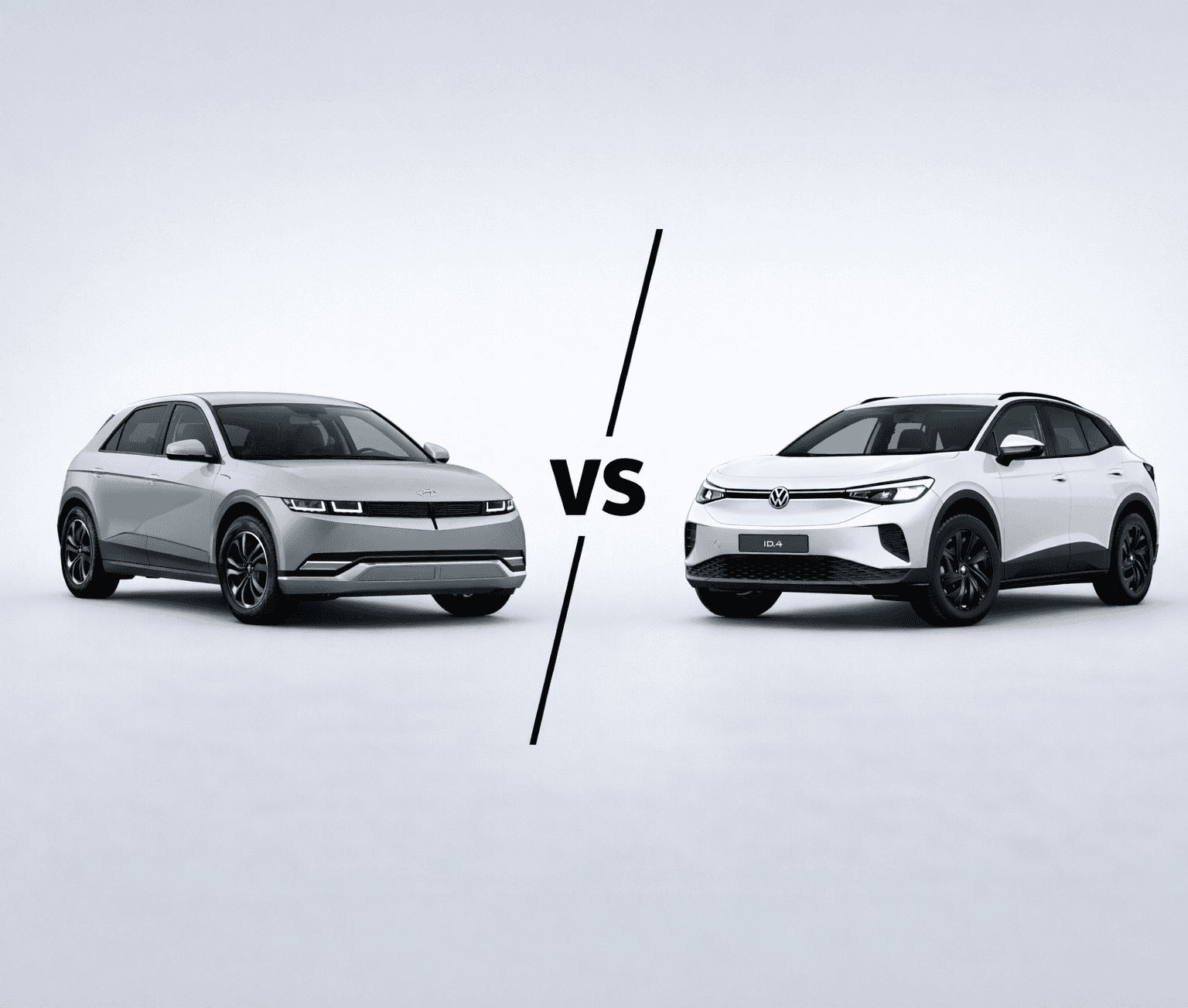 Hyundai Ioniq 5 face au Volkswagen ID.4, comparaison visuelle de deux SUV électriques sur fond blanc