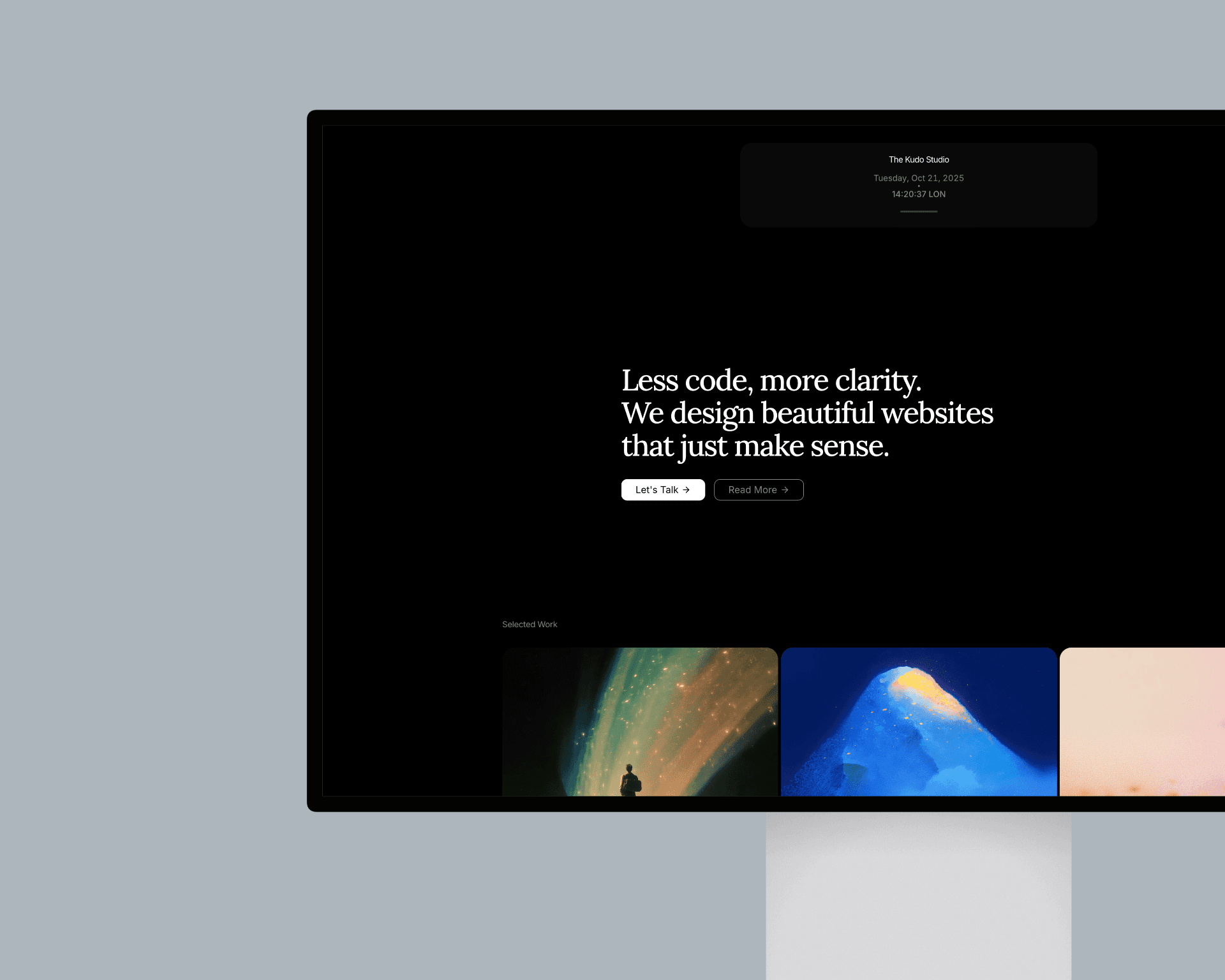 Desktop mockup of The Kudo Studio minimalist website design, showcasing clean typography and a no-code web design layout.