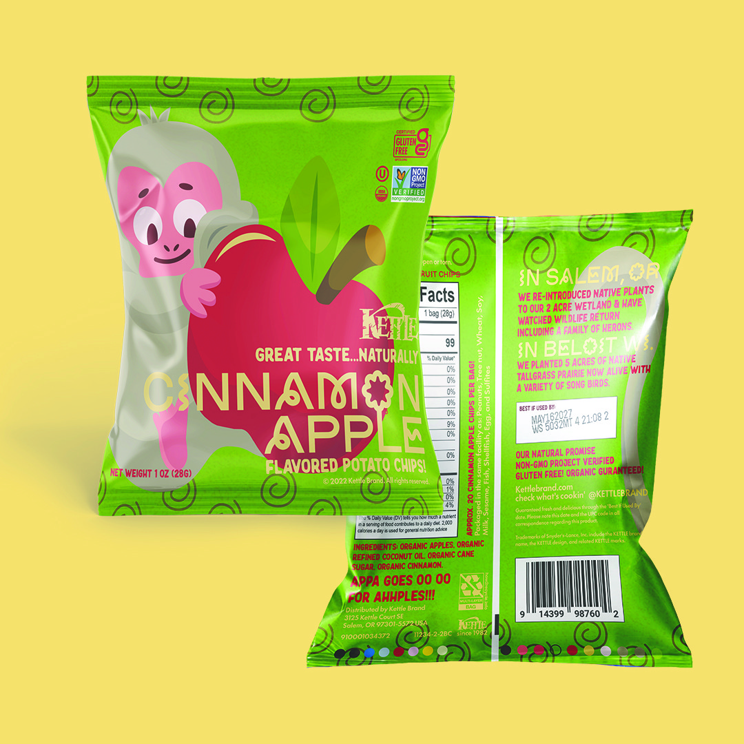 Green bags of "Cinnamon Apple" flavored potato chips. The front shows a smiling character holding an apple. Labels indicate gluten-free and non-GMO.