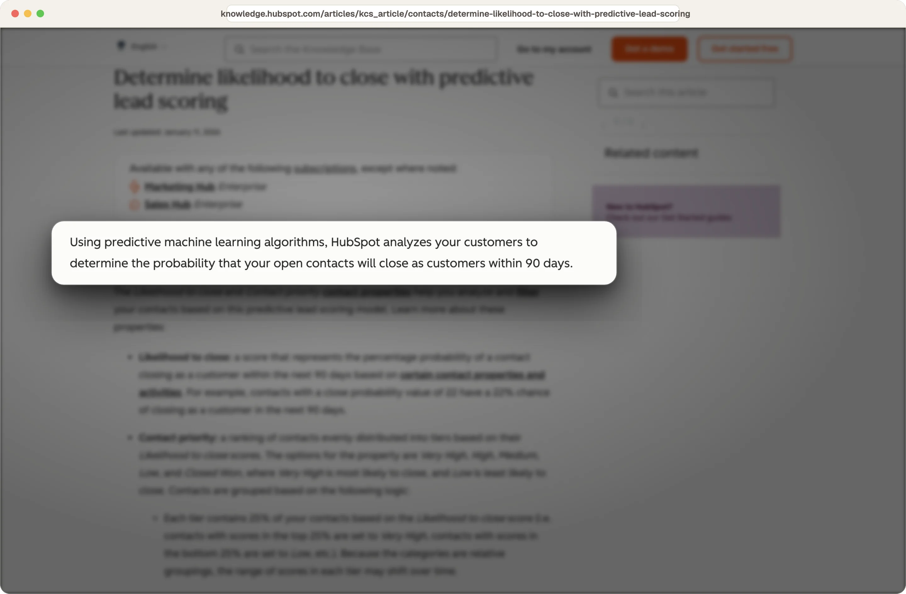 HubSpot knowledge base explaining predictive lead scoring estimates the chance a contact closes within 90 days