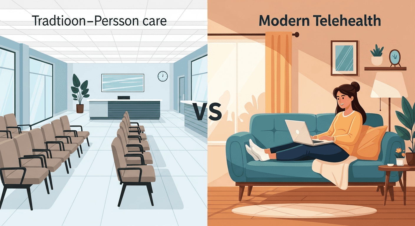 Split comparison scene showing contrast between traditional in-person psychiatric care and modern telehealth: left side shows a clinical waiting room with chairs and reception desk in neutral tones, right side shows a comfortable home environment with a person sitting relaxed on a couch with a laptop, warm natural lighting, professional medical care atmosphere meets comfortable home setting, clean modern illustration style, calming color palette