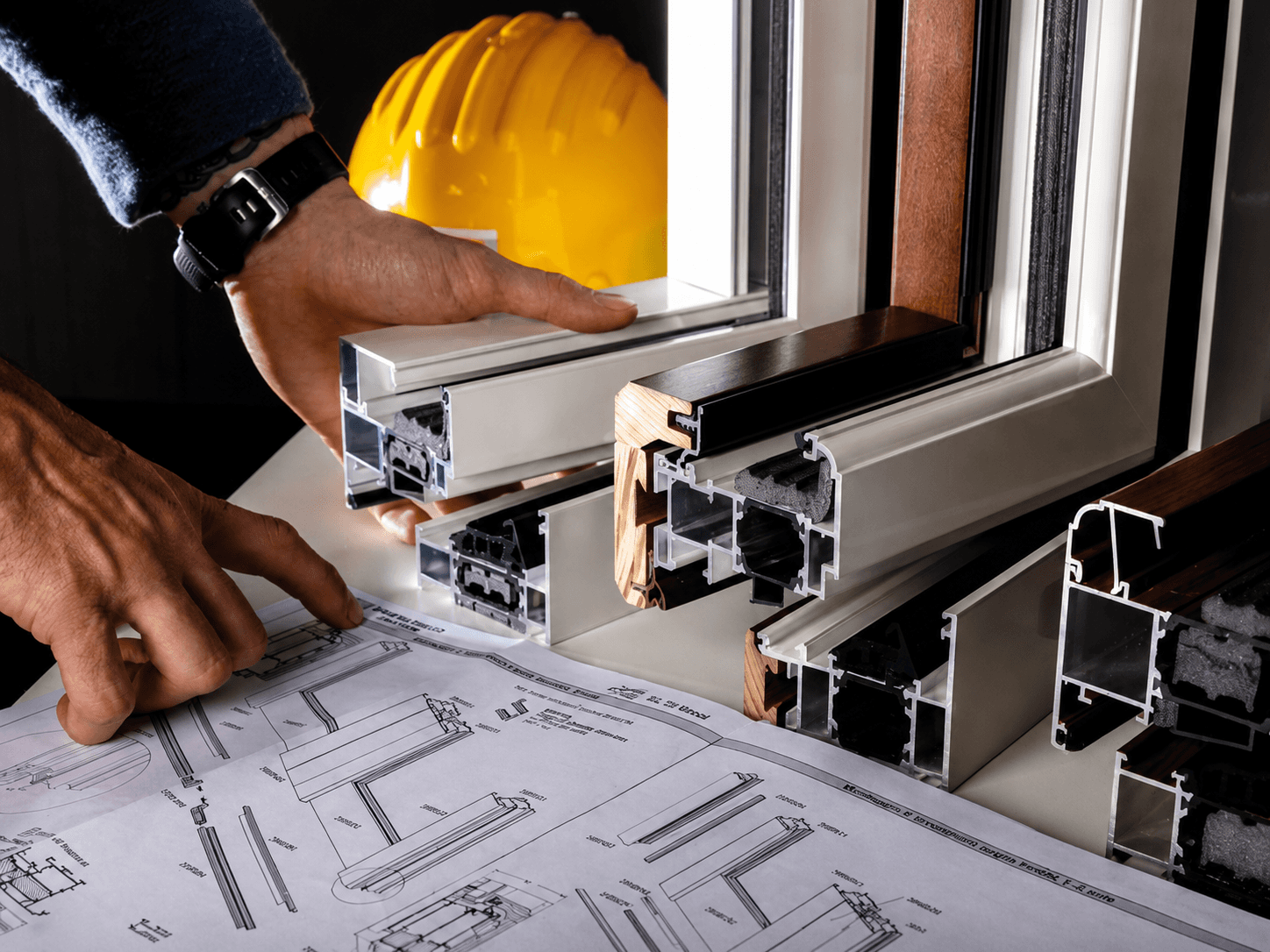 Campioni di infissi in alluminio a taglio termico e disegni tecnici di progetto, simbolo di design, innovazione e prestazioni nell’architettura contemporanea.