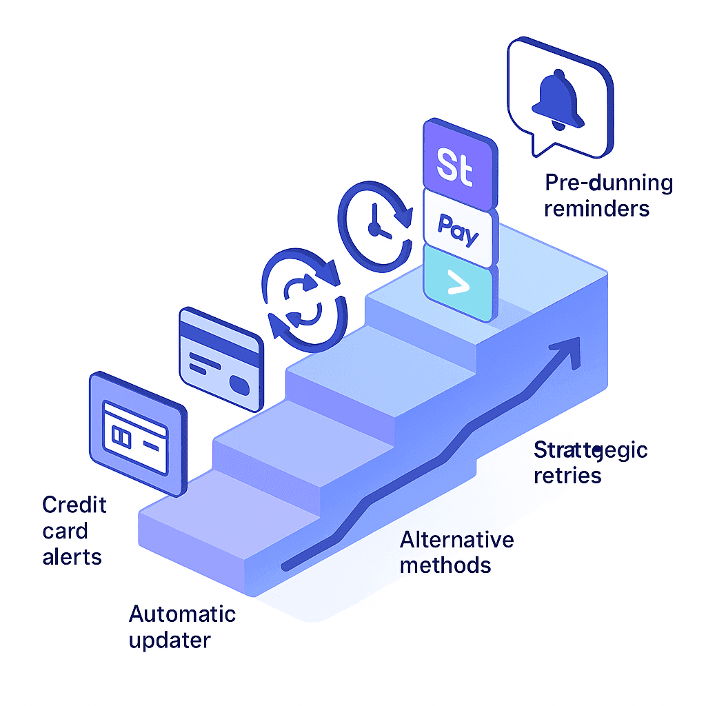 Five-step illustrated staircase outlining tactics to reduce post-holiday churn