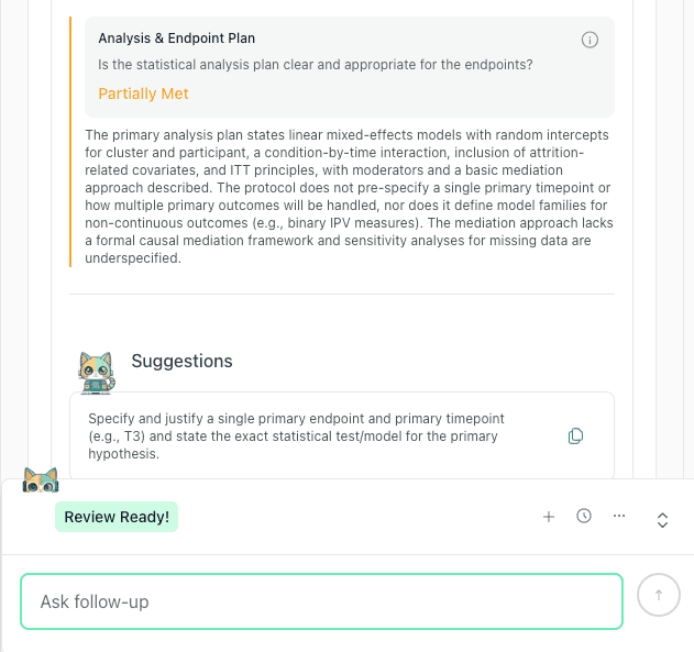 thesify feedback explaining that a strong primary hypothesis should specify a single primary endpoint, one primary timepoint, and the exact statistical test or model