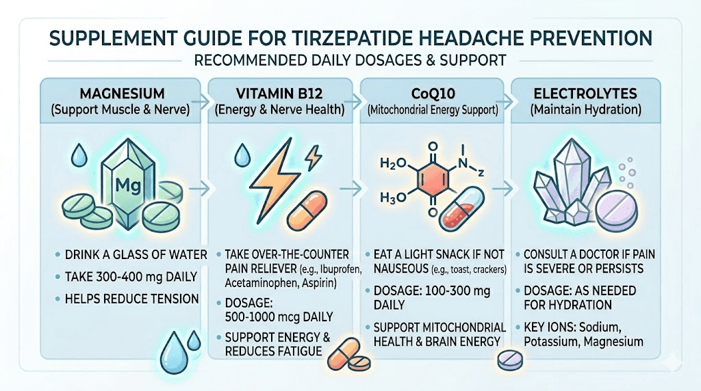 Recommended supplements for preventing tirzepatide headaches with dosages