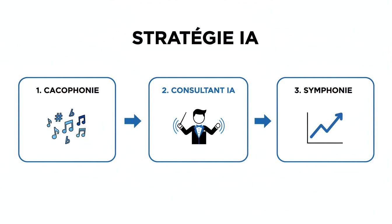 Diagramme illustrant une stratégie IA en trois étapes: de la cacophonie à la symphonie grâce à l'intervention d'un consultant IA.
