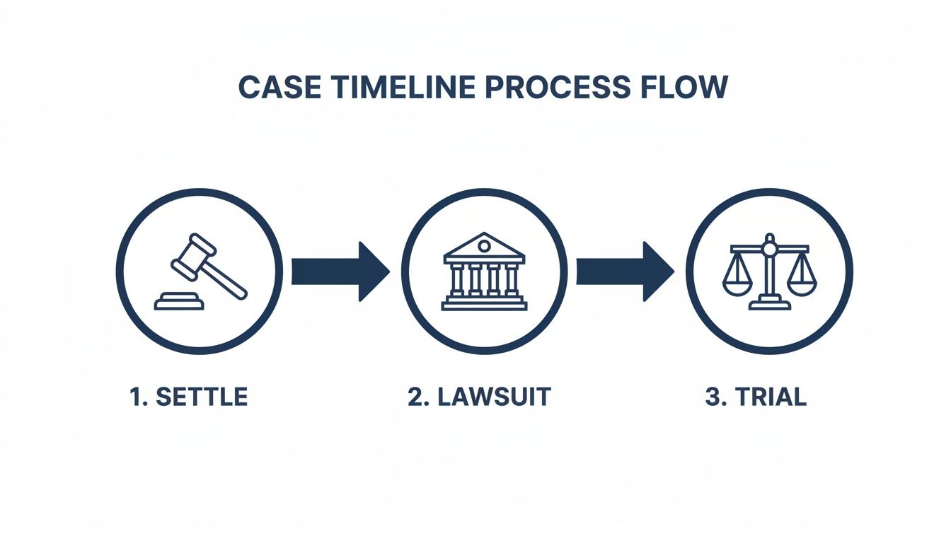 A legal process flow diagram showing three steps: 1. Settle (gavel), 2. Lawsuit (courthouse), 3. Trial (scales of justice).