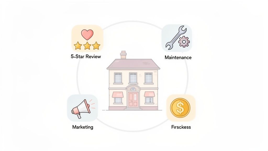 An illustration of a house surrounded by icons representing 5-star reviews, maintenance, marketing, and financial success.