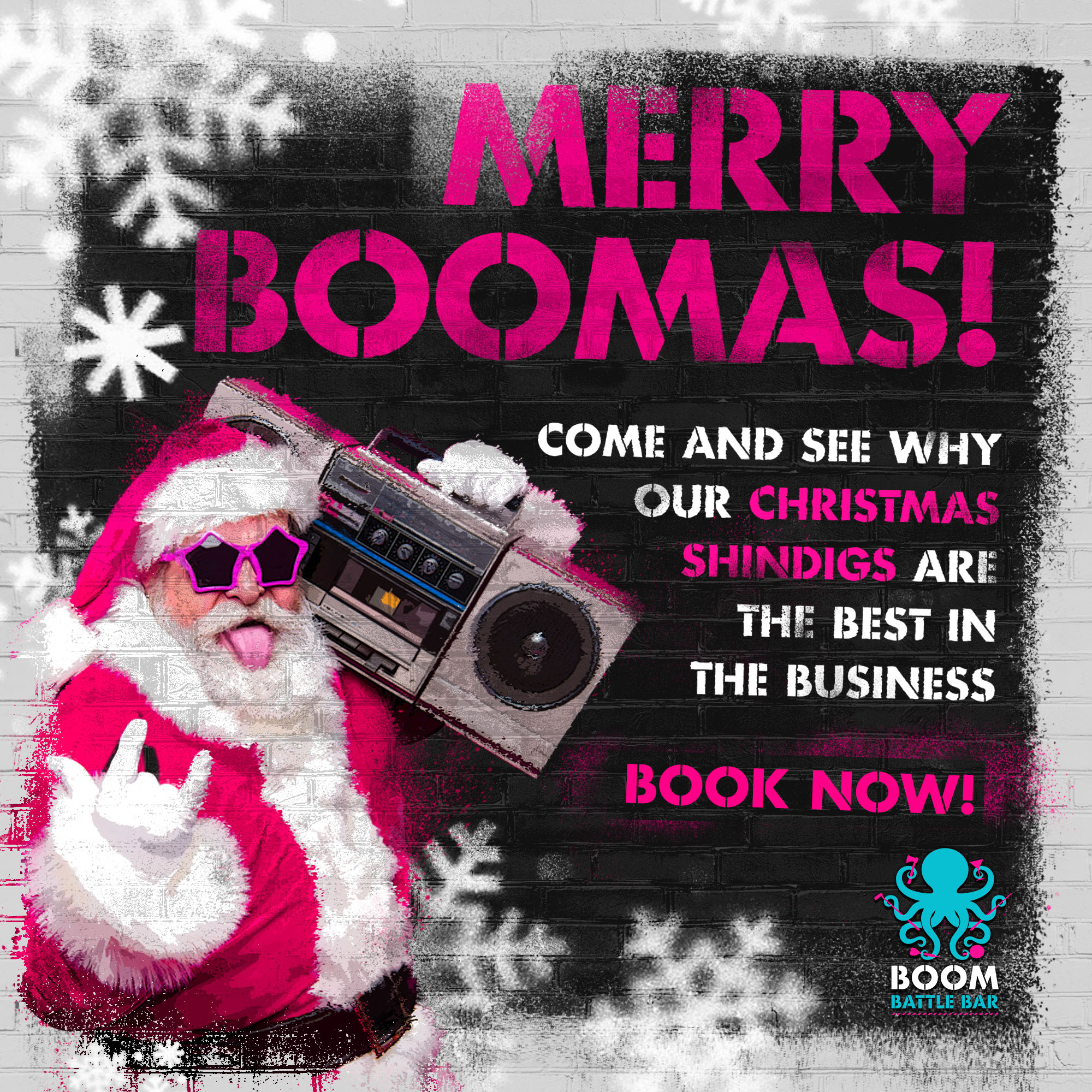 A festive graphic featuring Santa Claus with a boom box, text reads "Merry Boommas! Come and enjoy your Christmas spirit!"