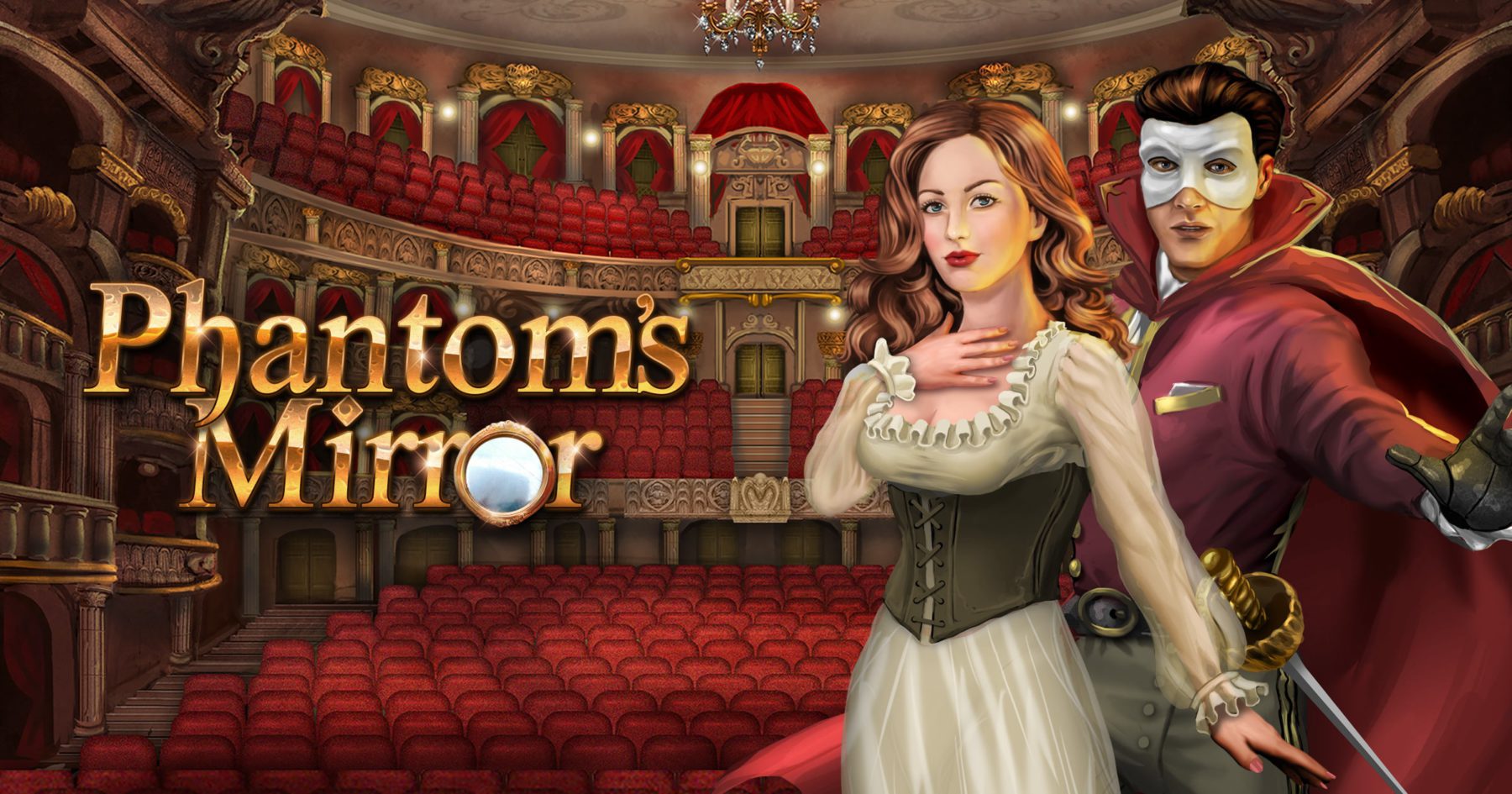 Phantom's Mirror — affiche officielle dans l'opéra avec la chanteuse et le Phantom masqué