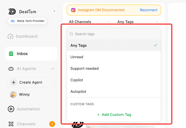 Dealism Inbox tag menu with system tags, search, and Add Custom Tag