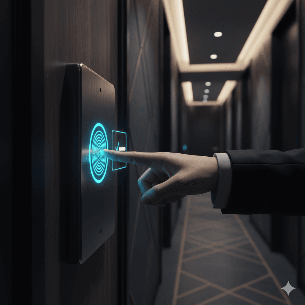 Close-up of high-security biometric access scanner at luxury apartment entrance