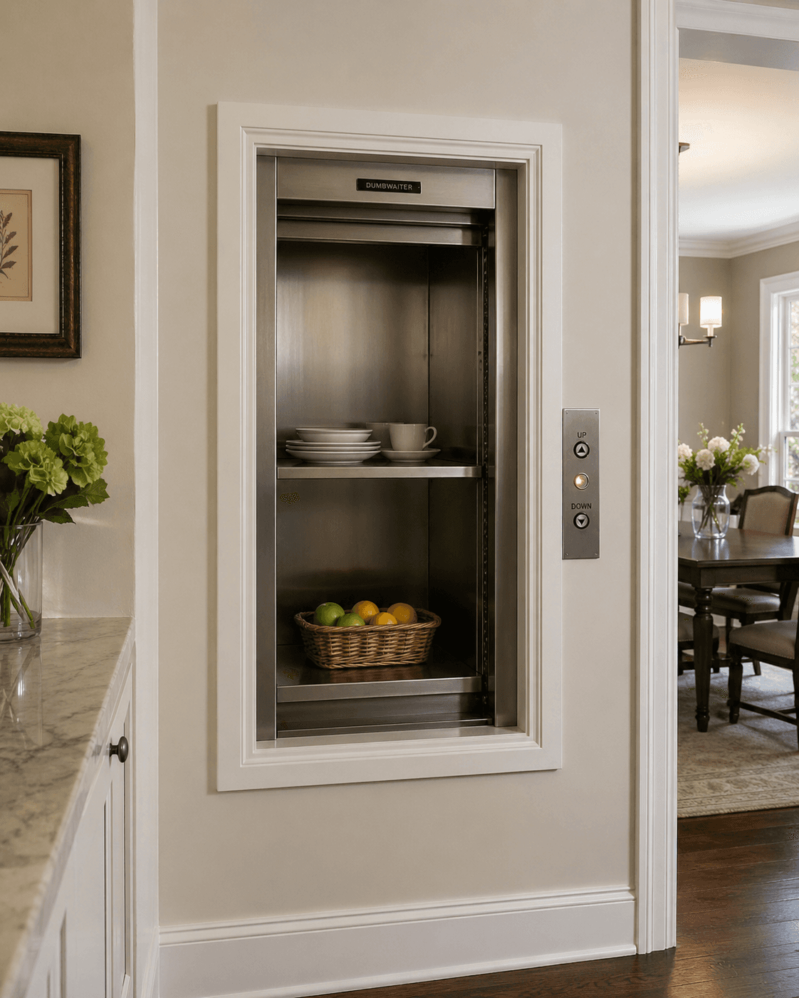 Residential dumbwaiter service lift with open door set into a white panelled wall between a kitchen and dining room — stainless steel two-shelf interior carrying stacked plates and cups on the upper shelf and a wicker basket of fruit on the lower shelf, with up and down call buttons mounted to the right and dining room with dark wood furniture visible in the background