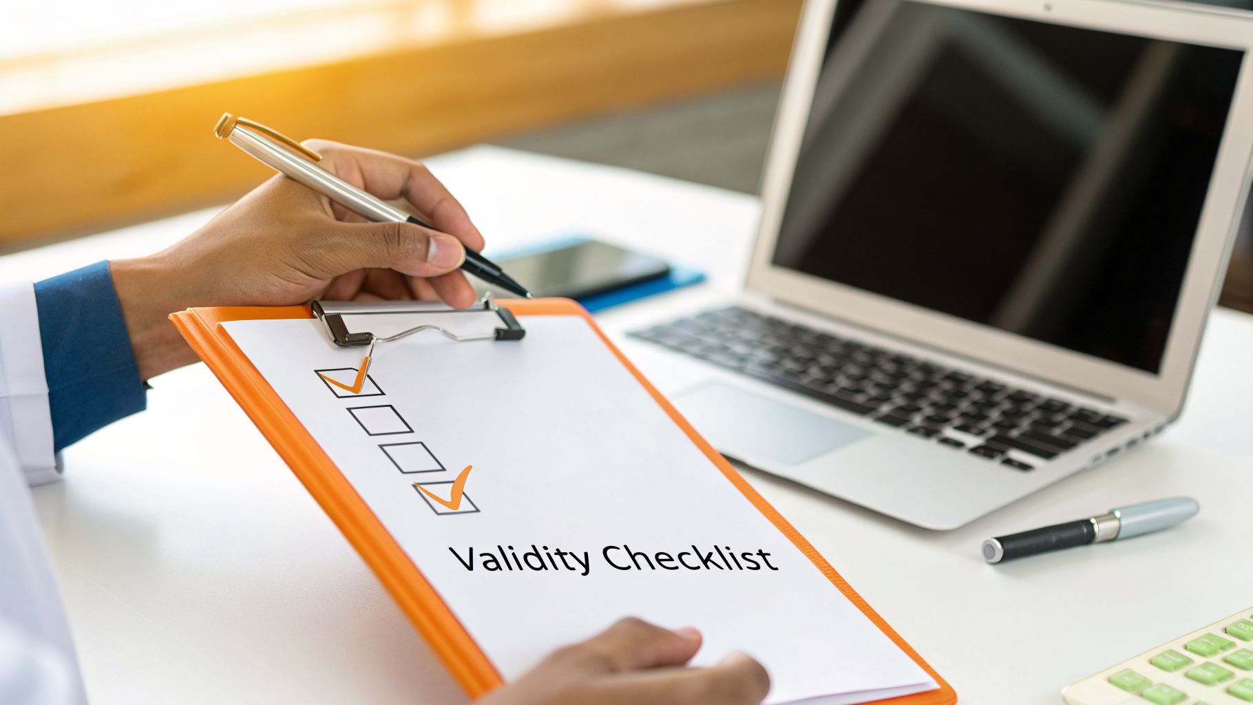 A person in a white lab coat holds a clipboard with a 