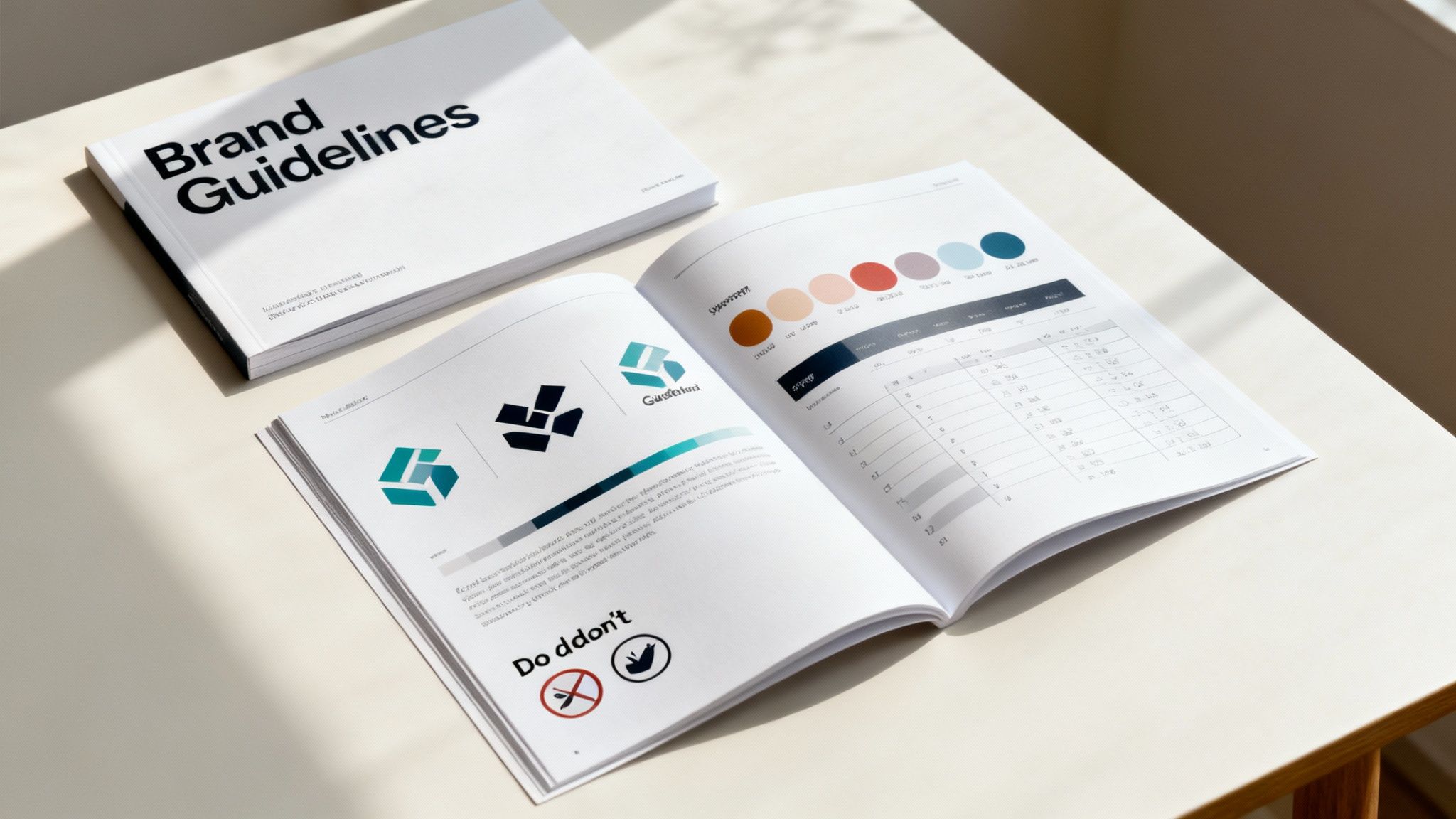 A person reviewing a brand guidelines document on a laptop, with colour swatches and logo variations visible.