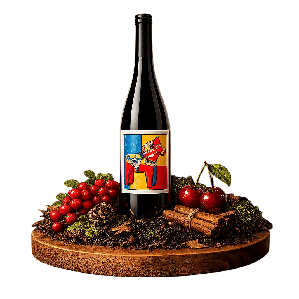 Artistic label and flavor profile for Swedish Pinot Noir on a rustic wooden table.