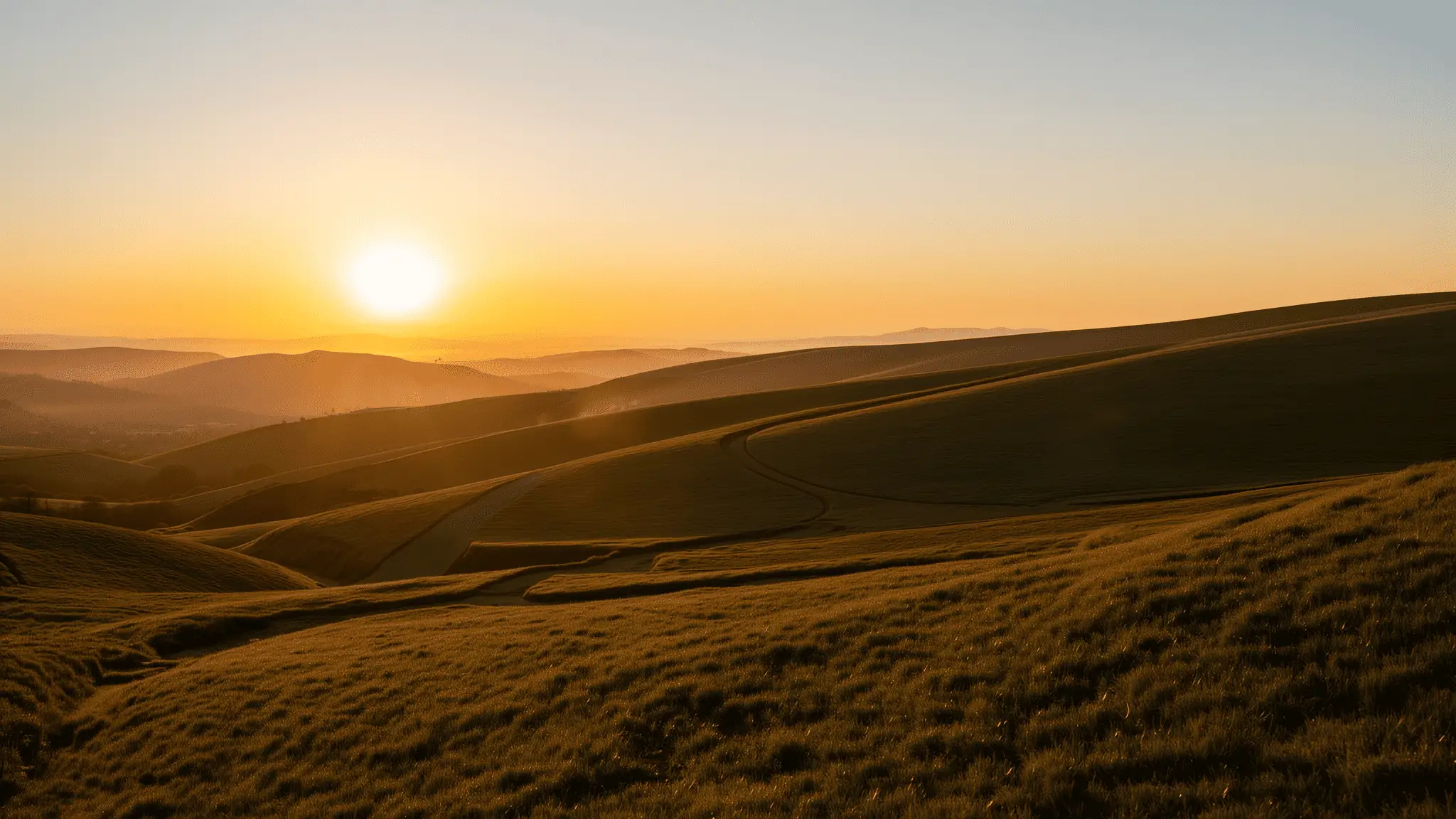 Weite Hügellandschaft bei Sonnenaufgang – Das Herz der Oronos Stiftung.