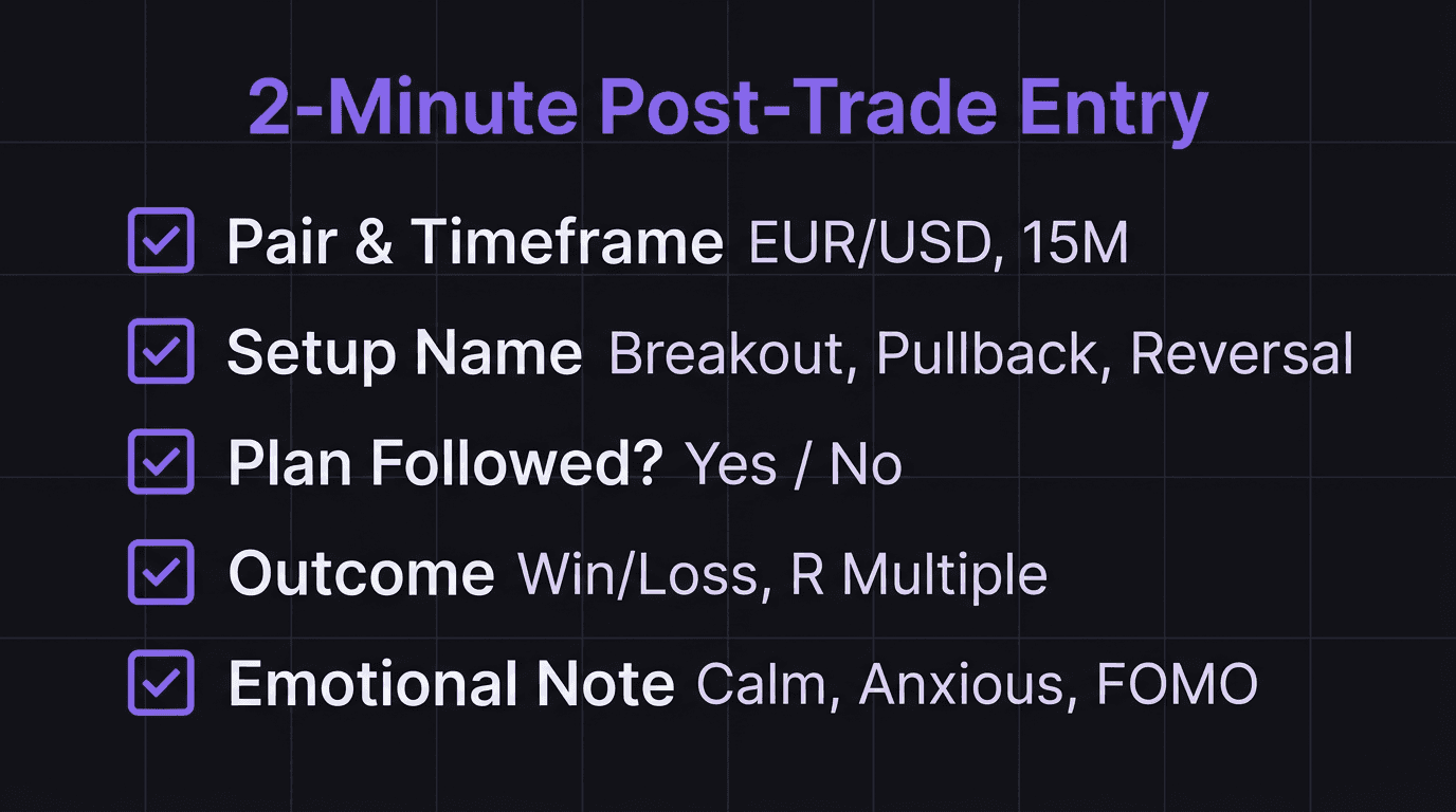 Checklist showing the five fields of a 2-minute post-trade journal entry