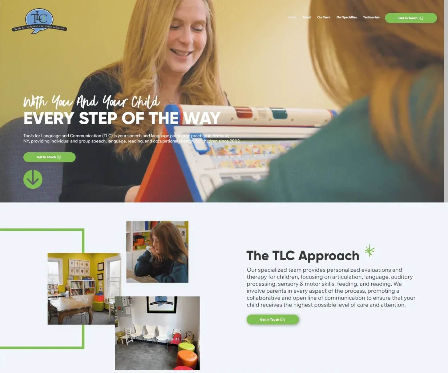TLC Speech website design preview – speech therapy and communication services web design by RJP.design Web Design Agency NYC, highlighting child speech development and language programs.
