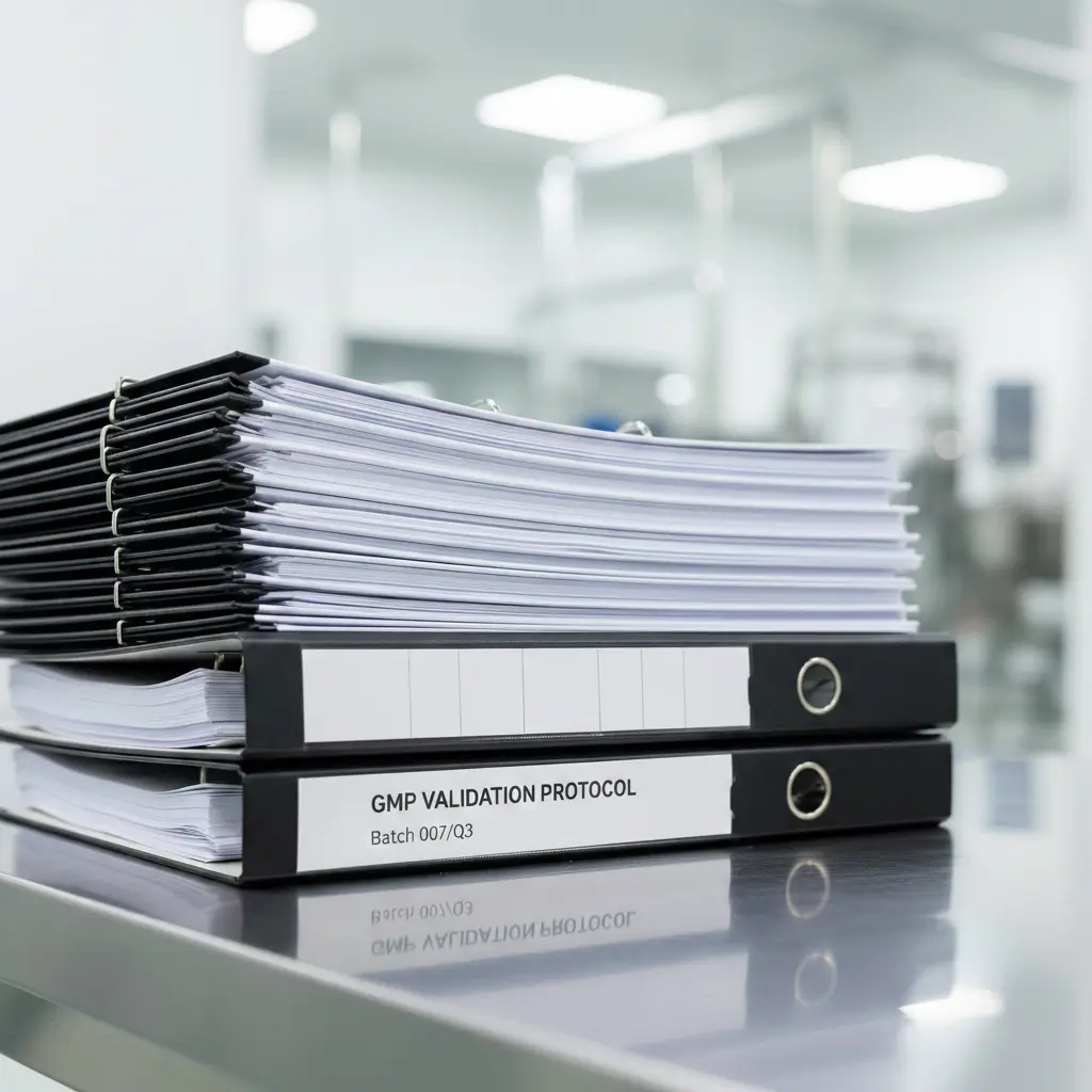 Close-up of a professional GMP Validation Protocol binder stacked on a stainless steel surface in a bright pharmaceutical cleanroom setting.