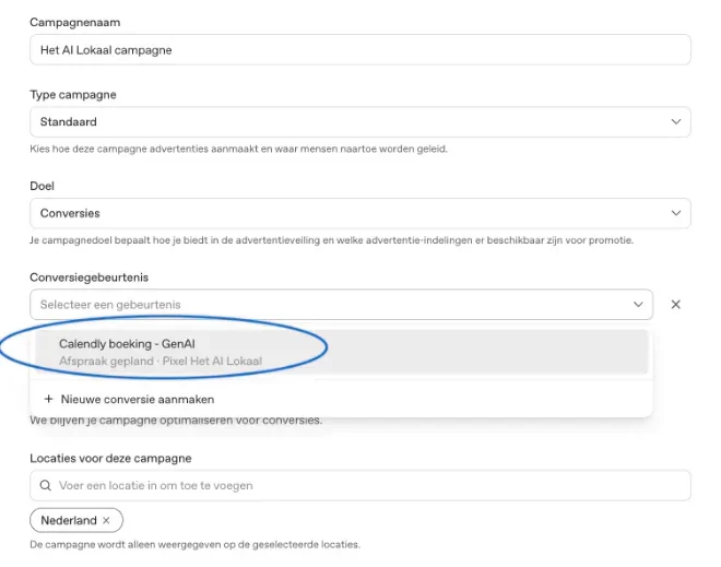 Scherm Campagne aanmaken: campagnenaam, type, doel Conversies en conversiegebeurtenis Calendly boeking - GenAI