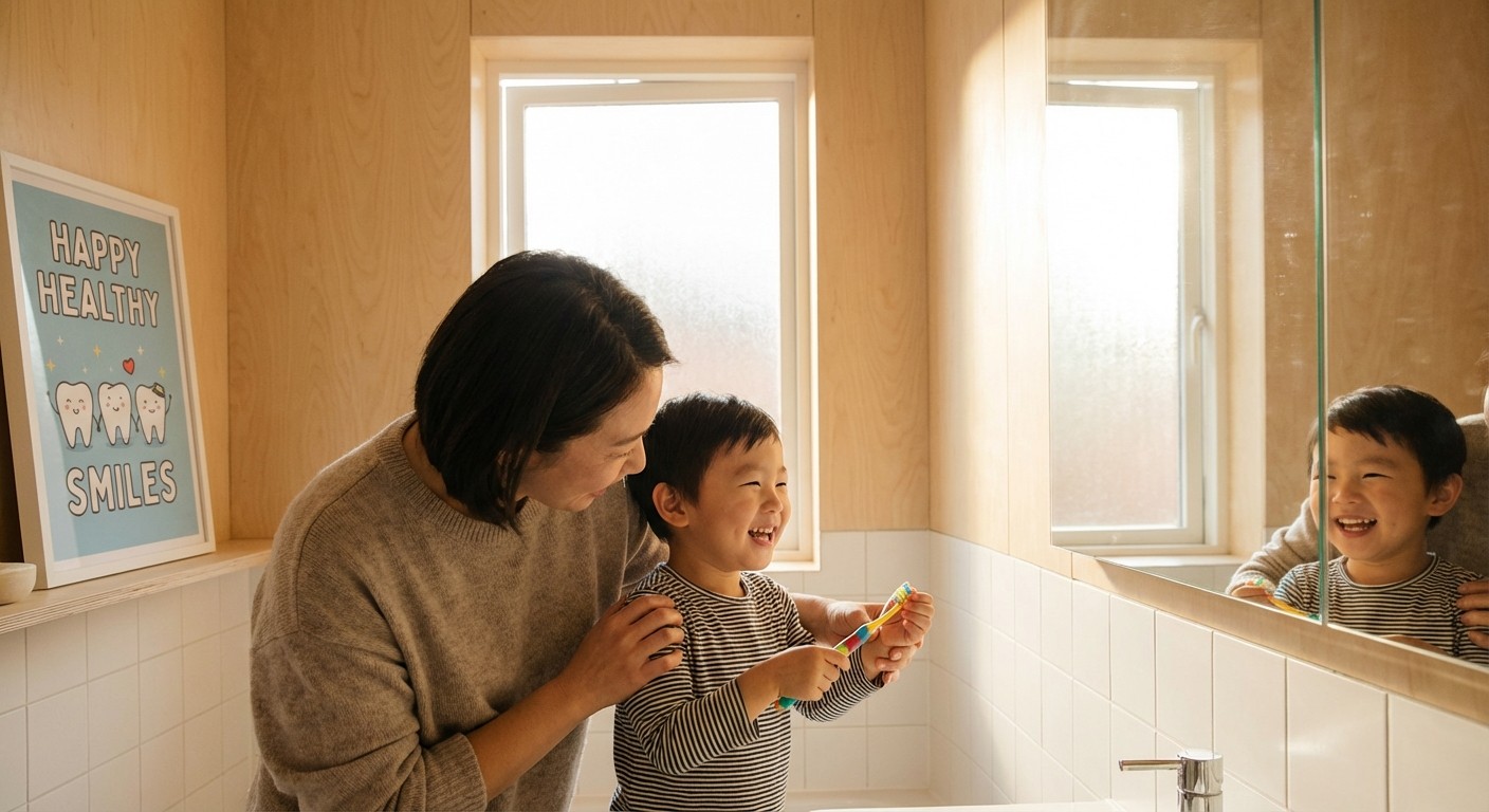 Parent helping child brush teeth