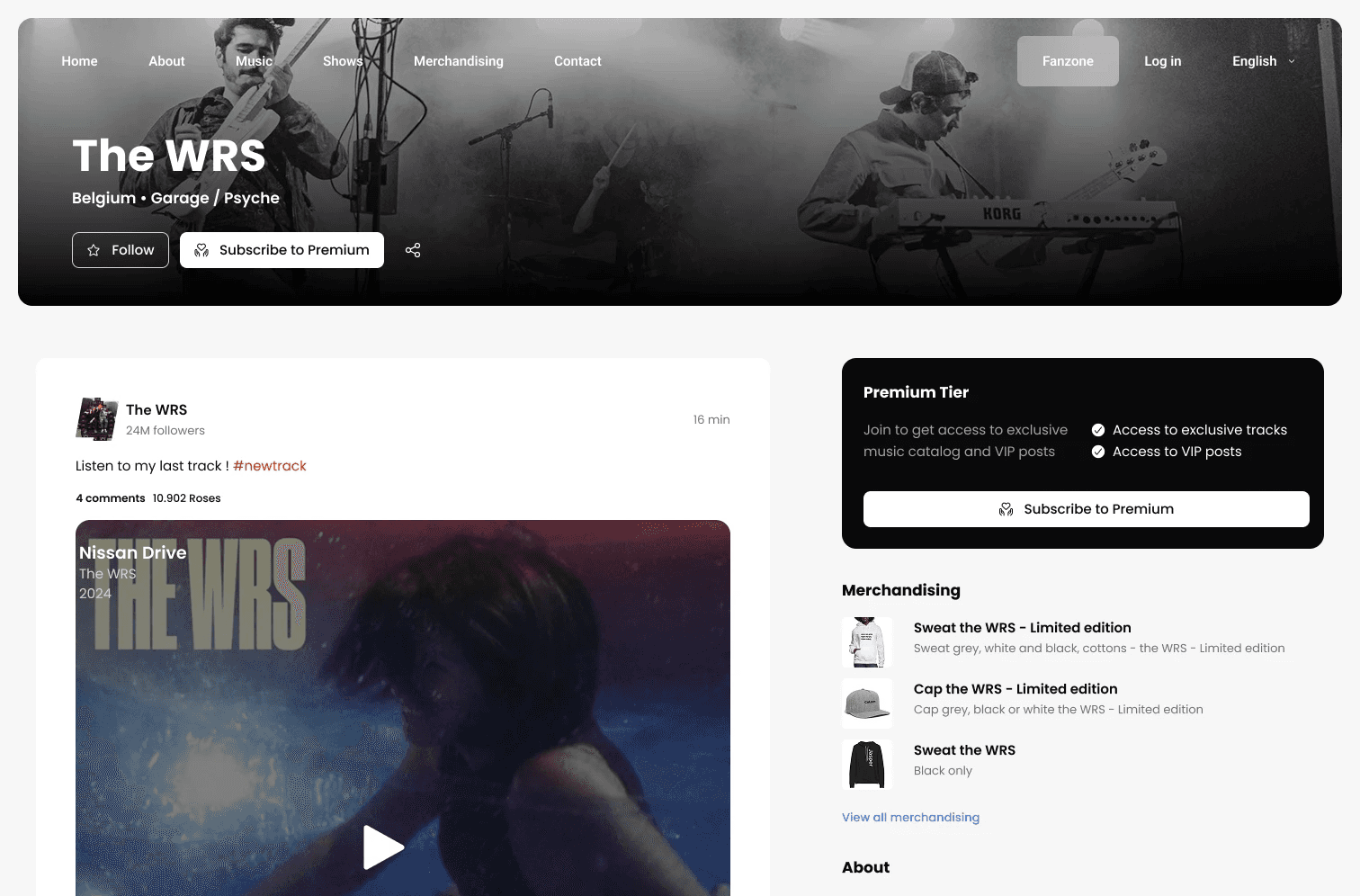 la page WRS de la Fanzone Winamp avec contenu, niveaux d’abonnement et merchandising