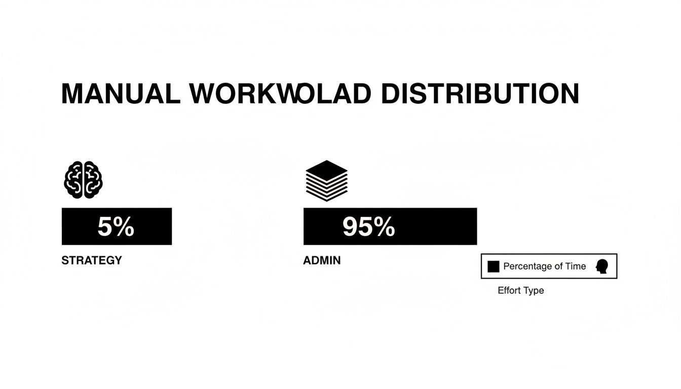 A chart illustrating manual workload distribution, showing 5% for strategy and 95% for administration.