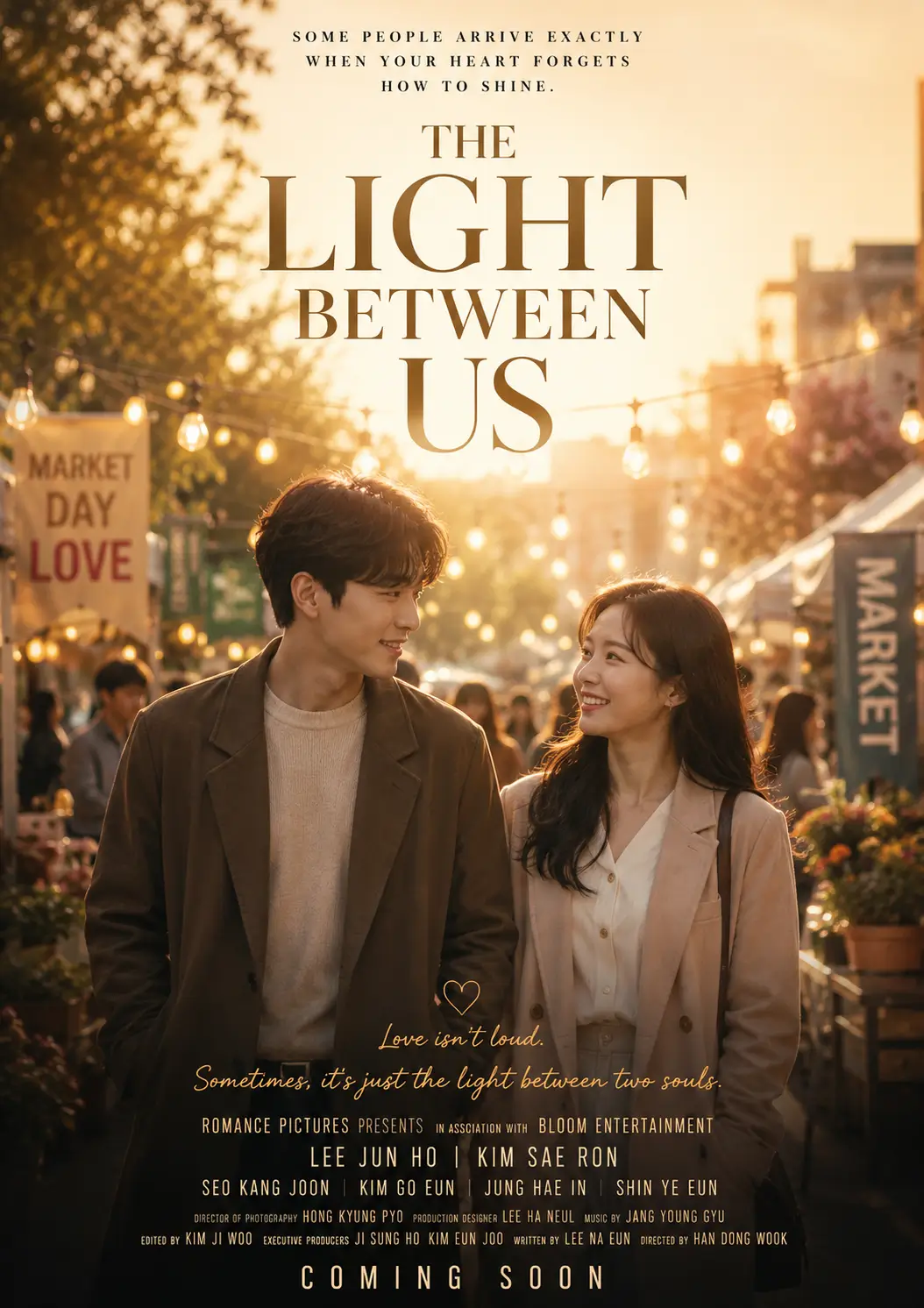 AI-generated romantic movie poster of a young couple walking through a warm sunset-lit street with a soft golden glow.