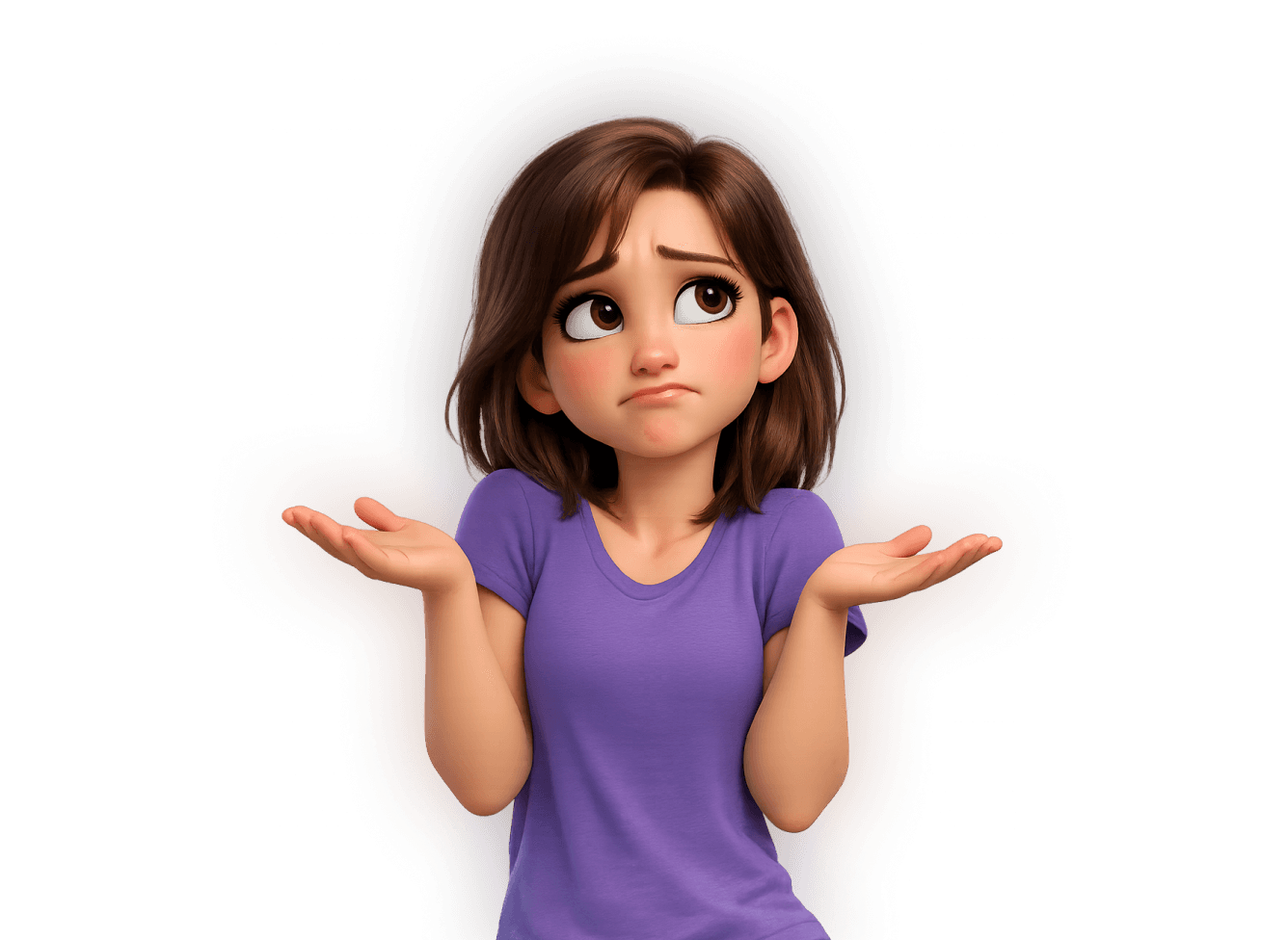 3D cartoon woman shrugging with a confused expression, representing uncertainty or common challenges during usability testing and UX research.