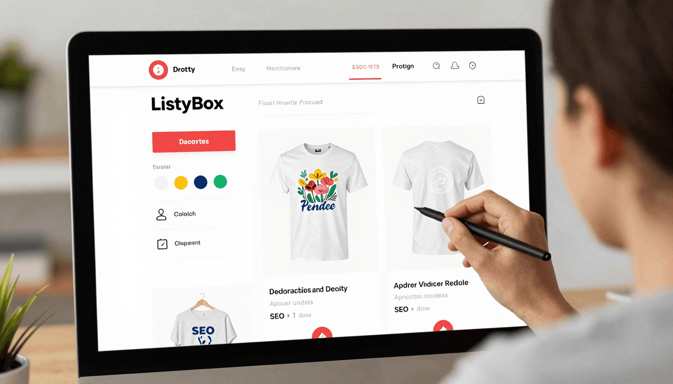Etsy seller creating a print-on-demand listing on a laptop with Listybox interface